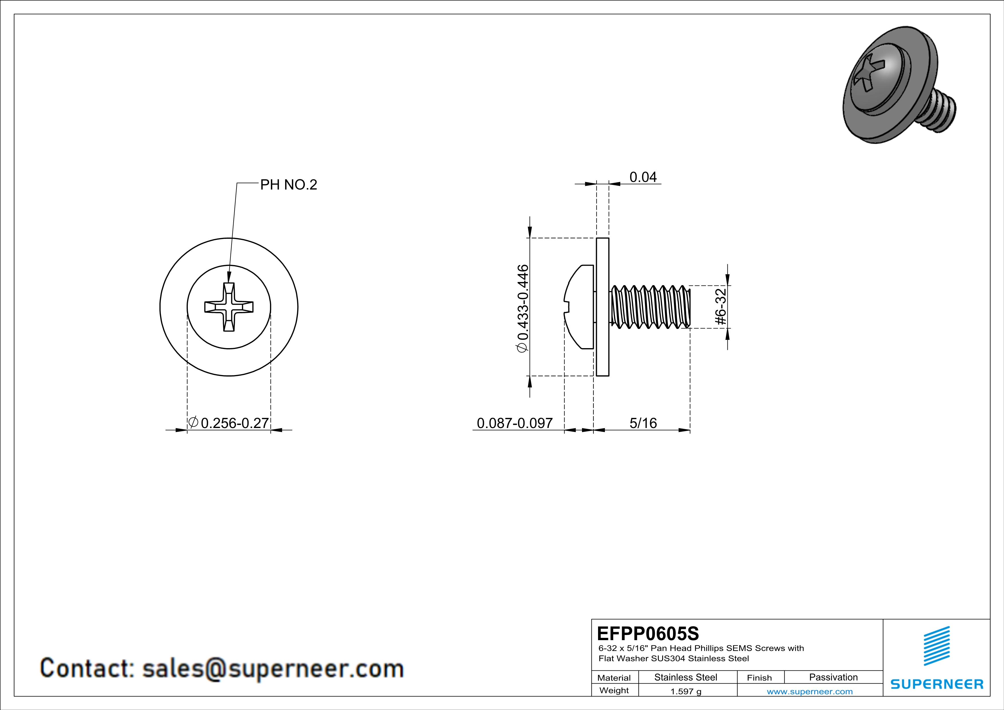 6-32 x 5/16" Pan Head Phillips SEMS Screws with Flat Washer SUS304 Stainless Steel Inox