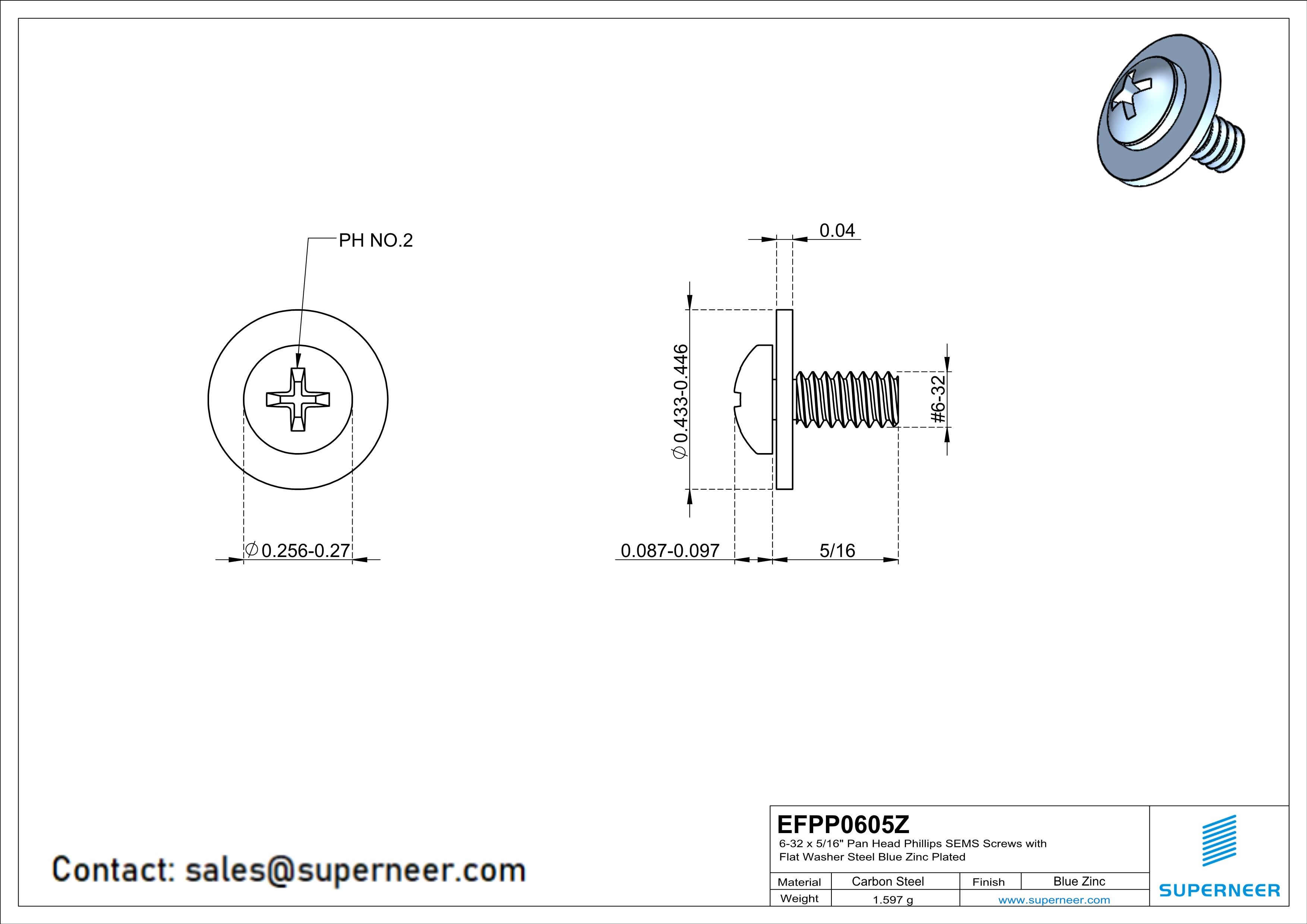 6-32 x 5/16" Pan Head Phillips SEMS Screws with Flat Washer Steel Blue Zinc Plated