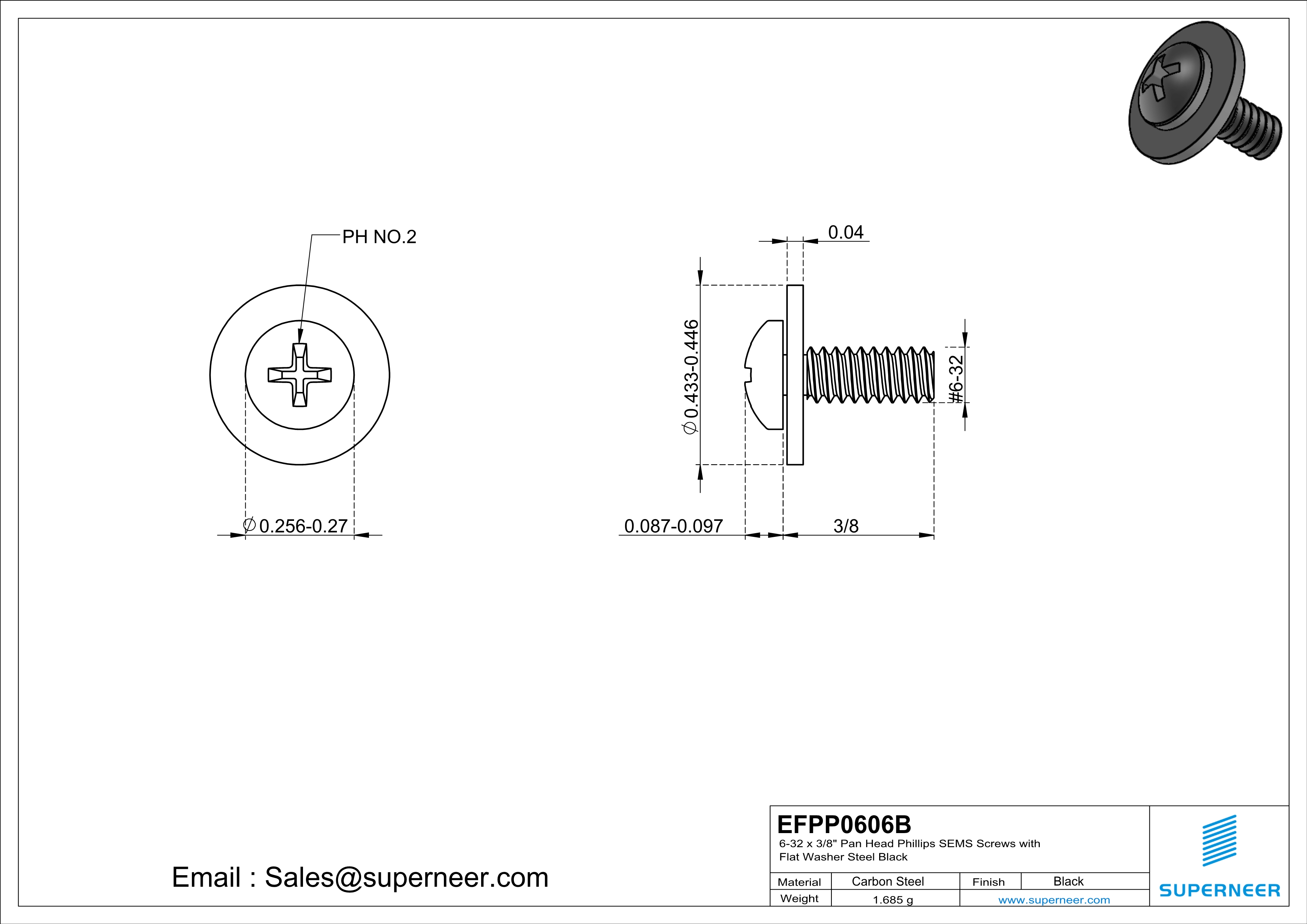 6-32 x 3/8" Pan Head Phillips SEMS Screws with Flat Washer Steel Black