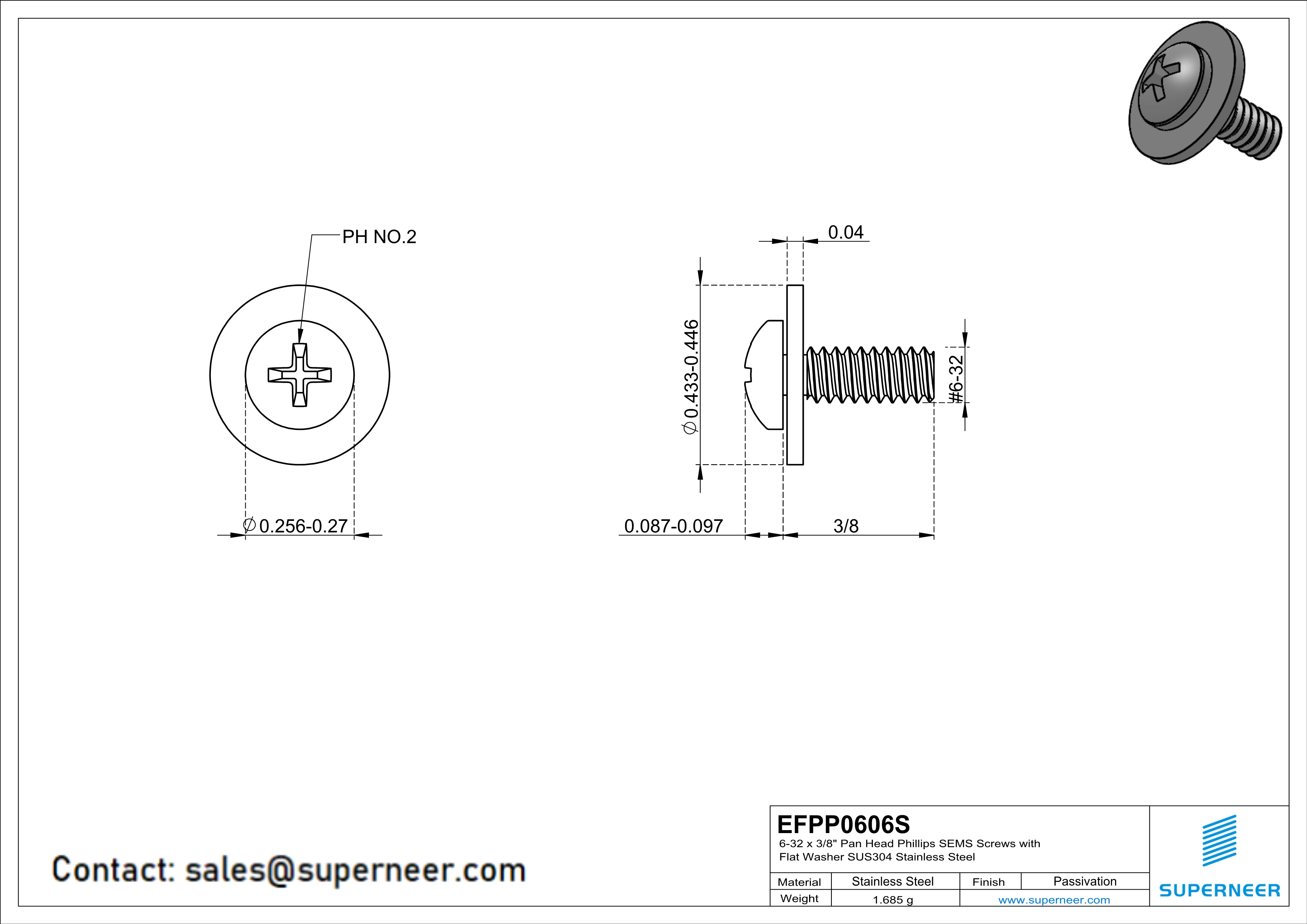 6-32 x 3/8" Pan Head Phillips SEMS Screws with Flat Washer SUS304 Stainless Steel Inox