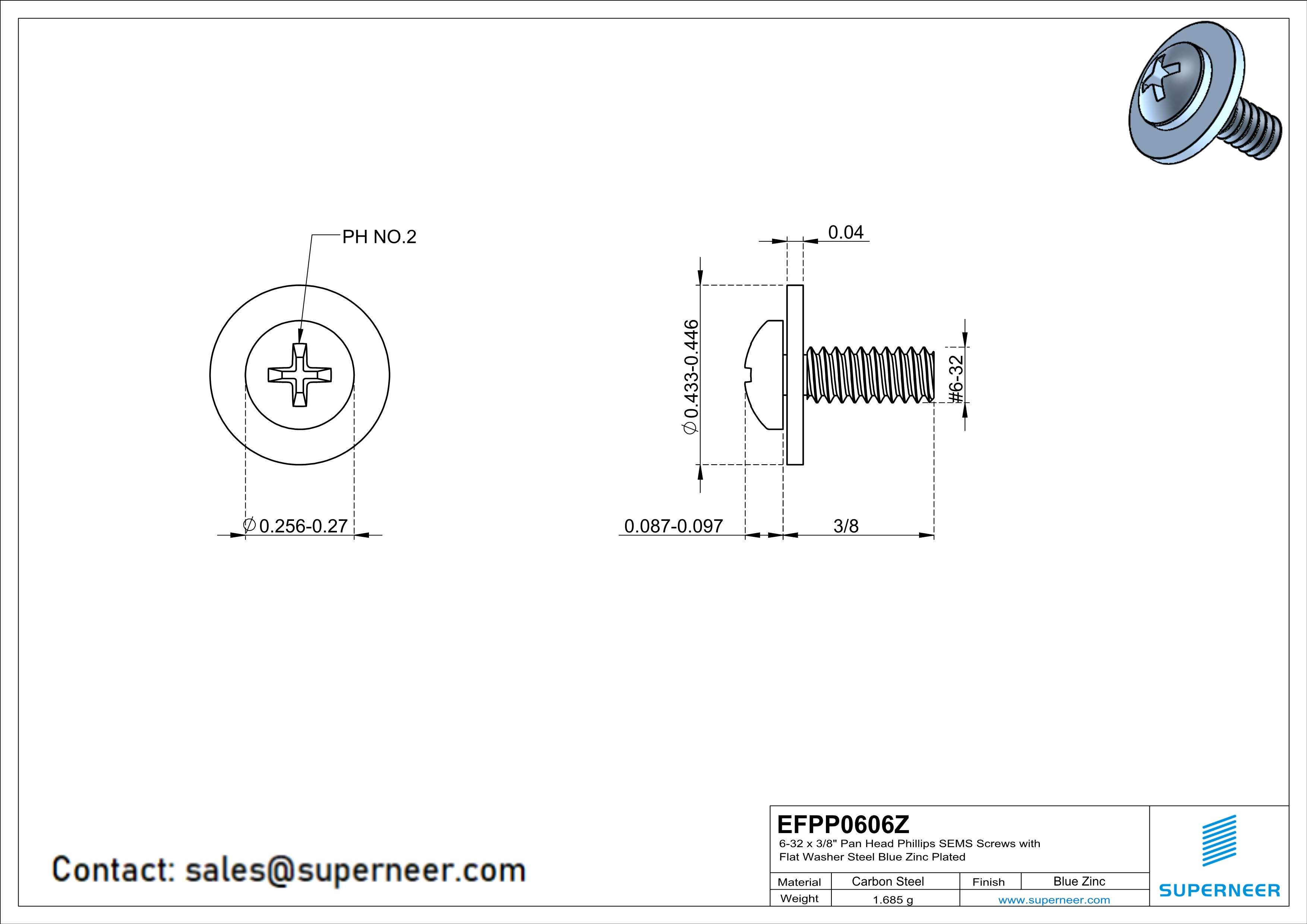 6-32 x 3/8" Pan Head Phillips SEMS Screws with Flat Washer Steel Blue Zinc Plated