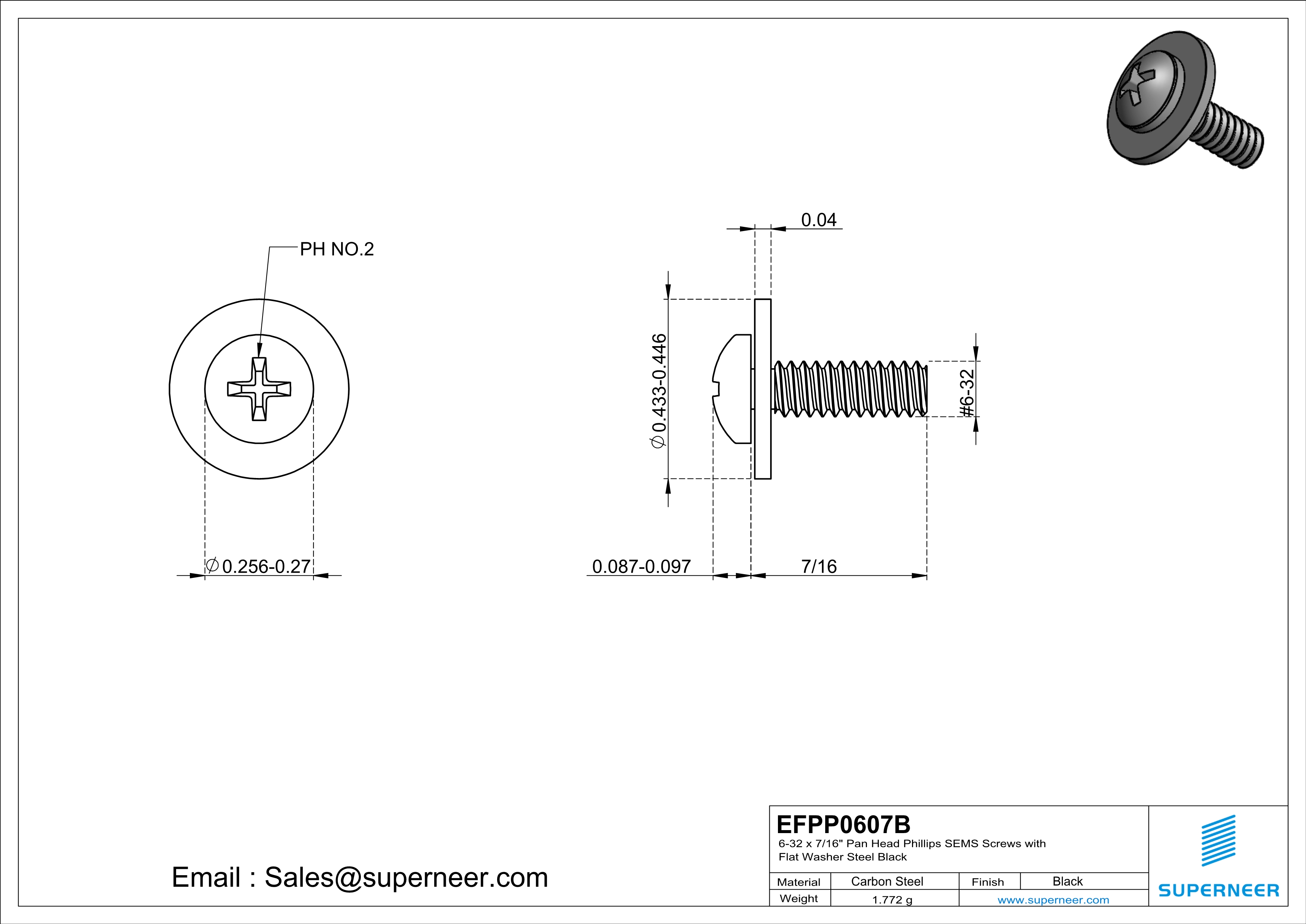 6-32 x 7/16" Pan Head Phillips SEMS Screws with Flat Washer Steel Black