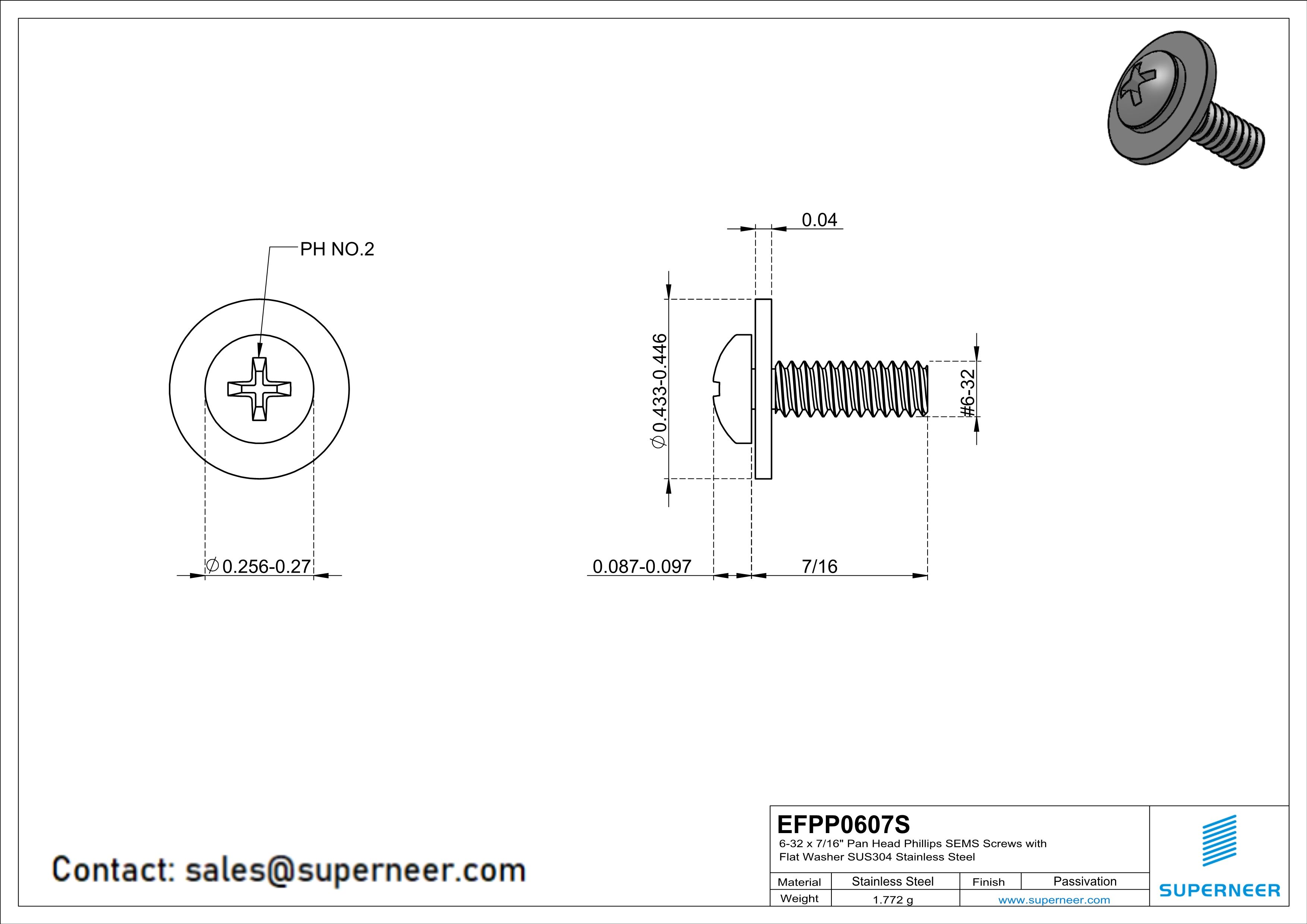 6-32 x 7/16" Pan Head Phillips SEMS Screws with Flat Washer SUS304 Stainless Steel Inox