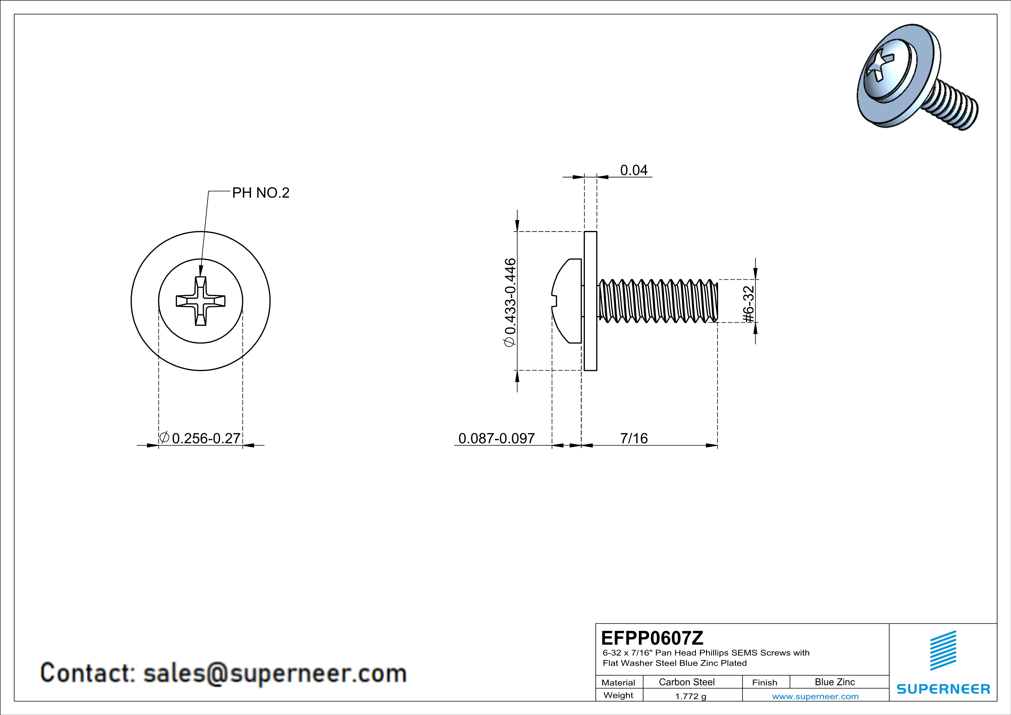 6-32 x 7/16" Pan Head Phillips SEMS Screws with Flat Washer Steel Blue Zinc Plated