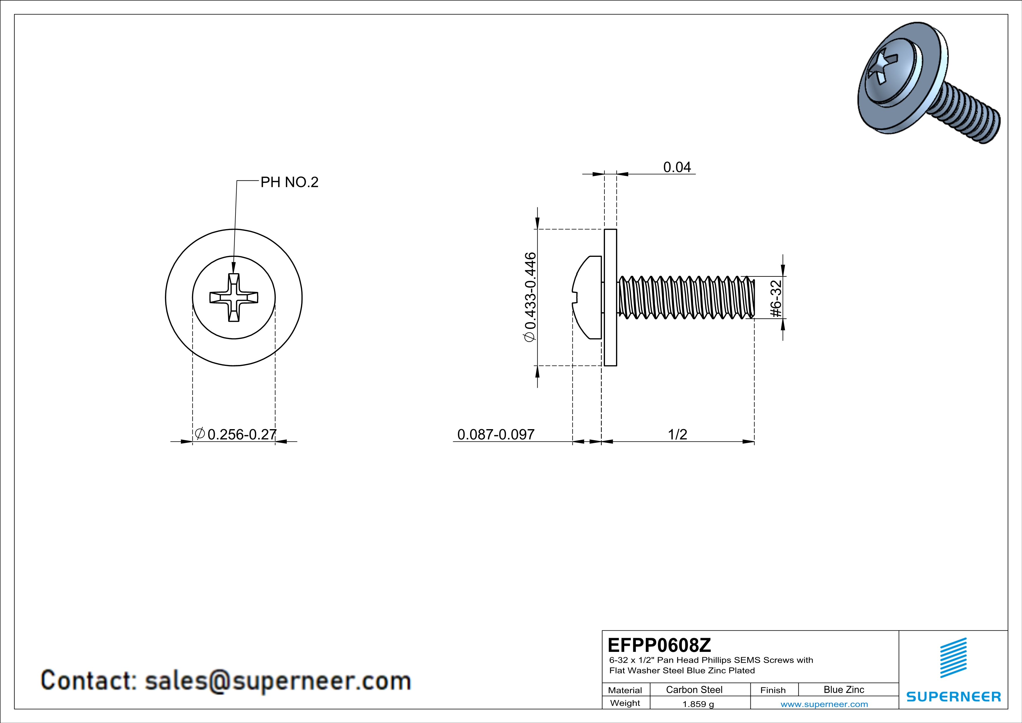 6-32 x 1/2" Pan Head Phillips SEMS Screws with Flat Washer Steel Blue Zinc Plated