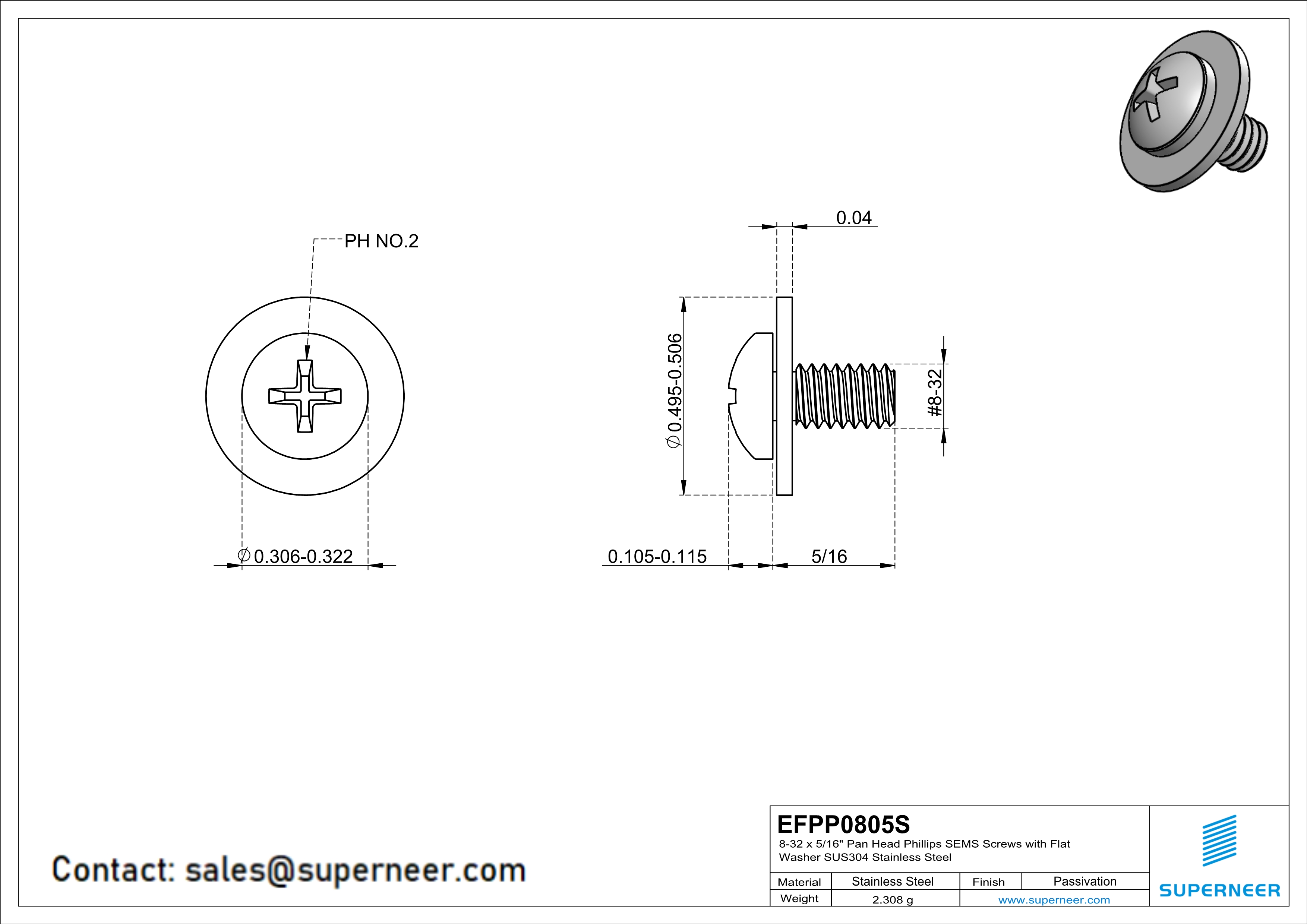 8-32 x 5/16" Pan Head Phillips SEMS Screws with Flat Washer SUS304 Stainless Steel Inox