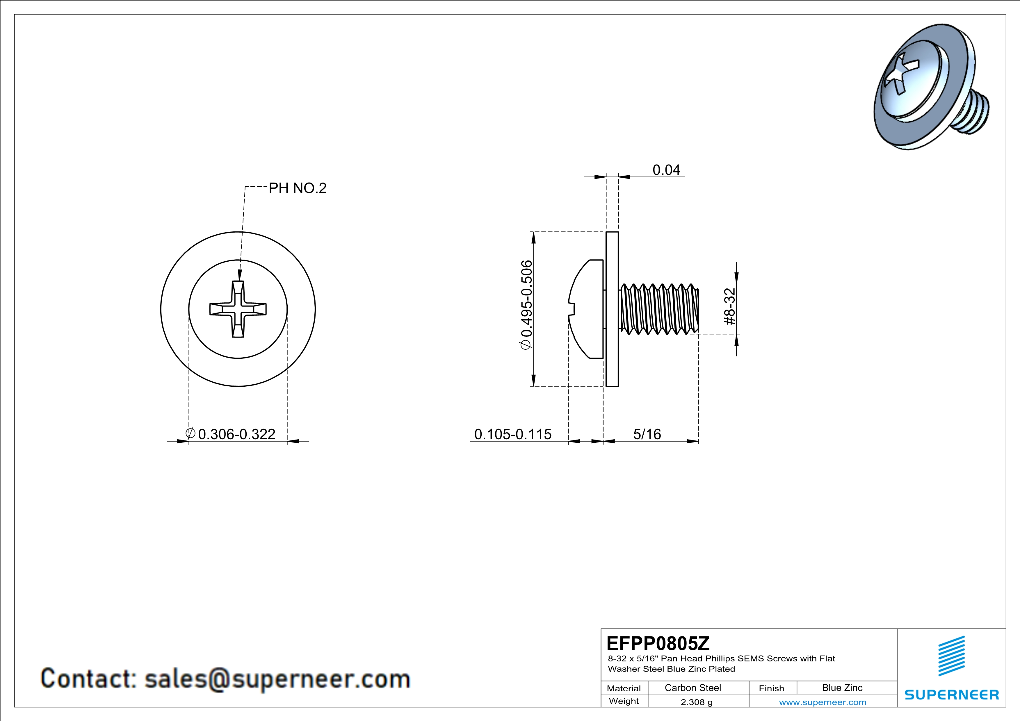 8-32 x 5/16" Pan Head Phillips SEMS Screws with Flat Washer Steel Blue Zinc Plated