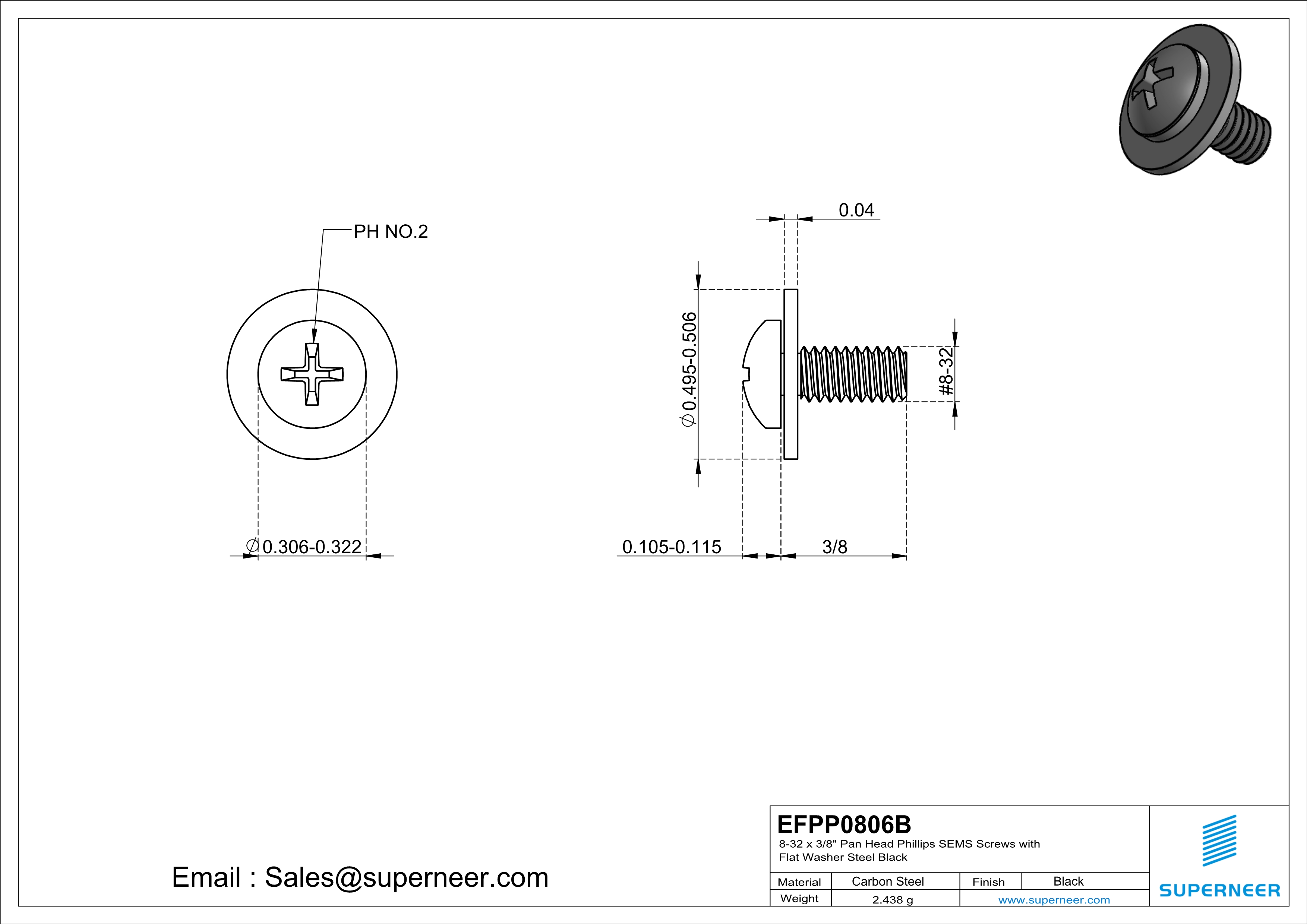 8-32 x 3/8" Pan Head Phillips SEMS Screws with Flat Washer Steel Black