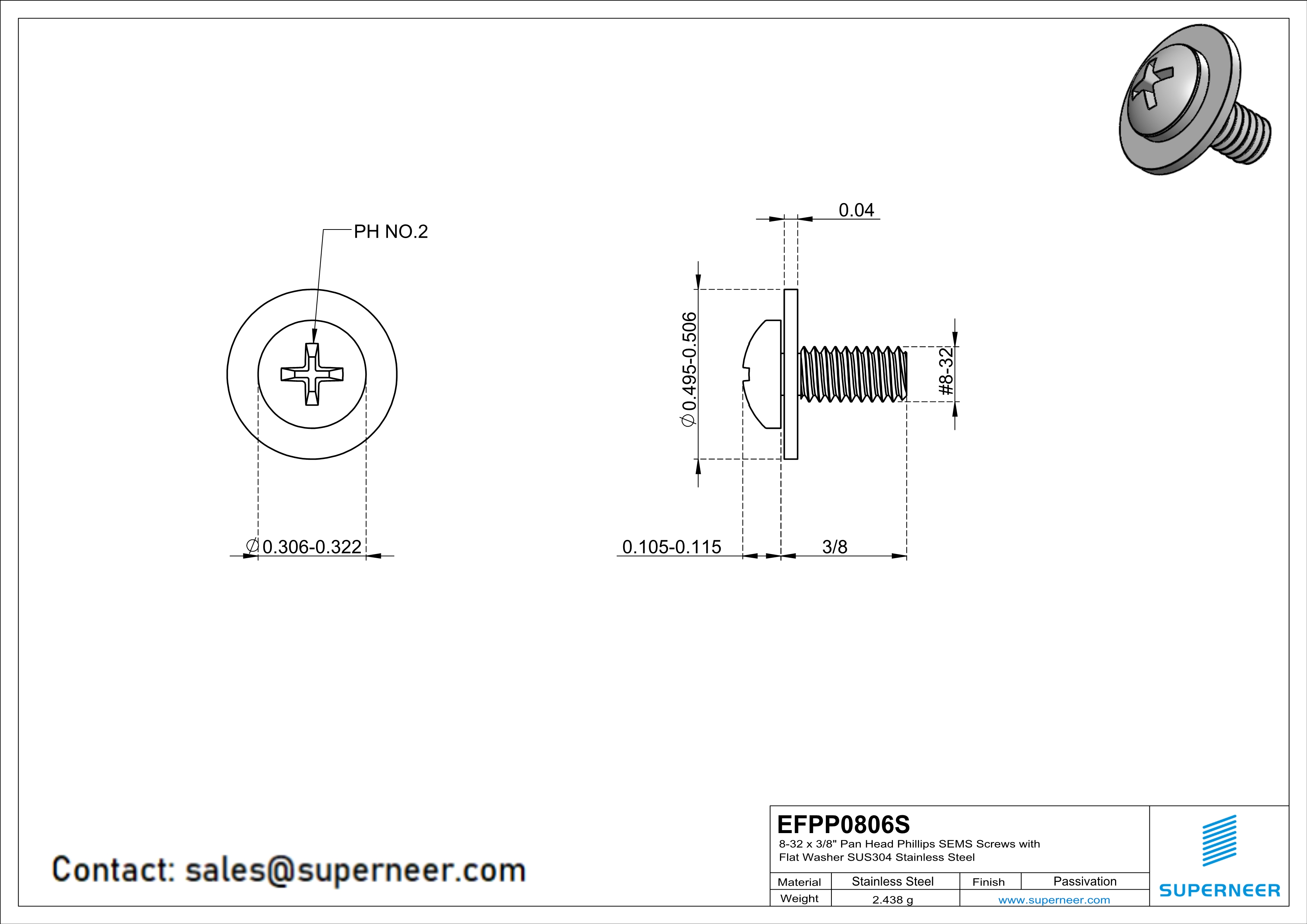 8-32 x 3/8" Pan Head Phillips SEMS Screws with Flat Washer SUS304 Stainless Steel Inox