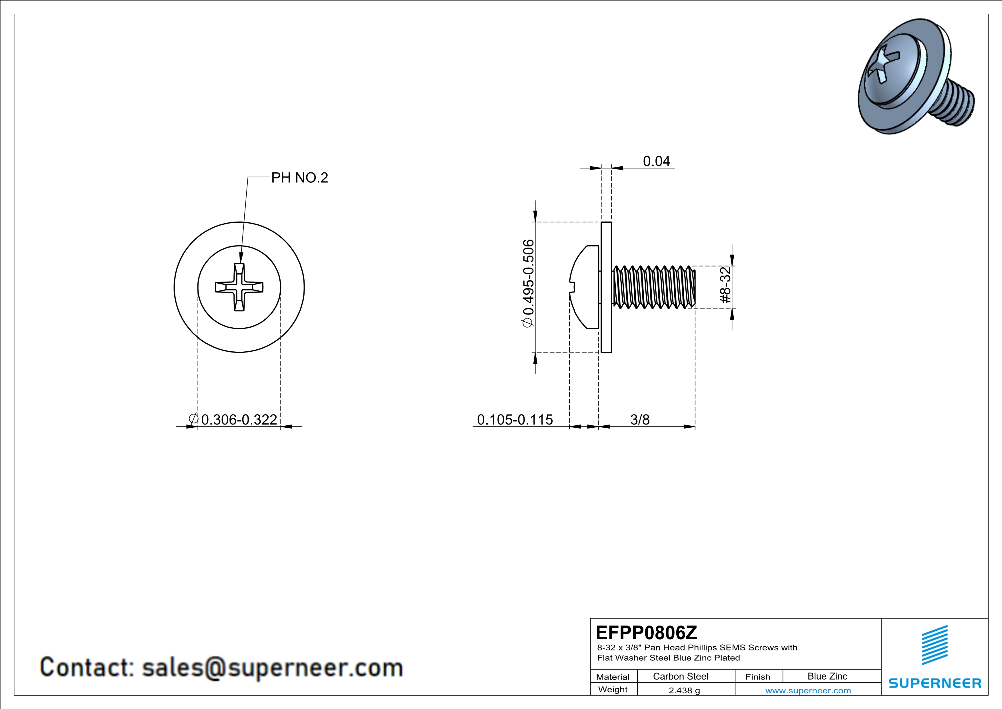 8-32 x 3/8" Pan Head Phillips SEMS Screws with Flat Washer Steel Blue Zinc Plated