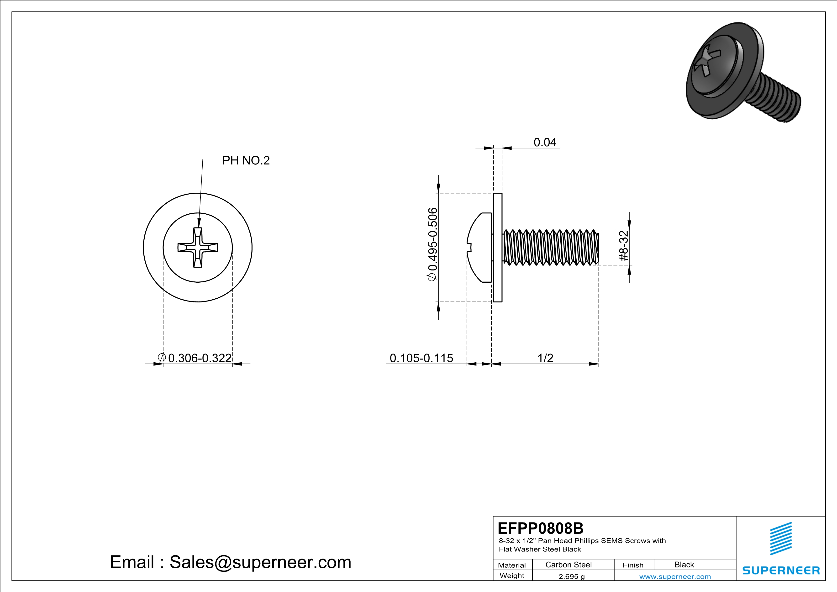 8-32 x 1/2" Pan Head Phillips SEMS Screws with Flat Washer Steel Black