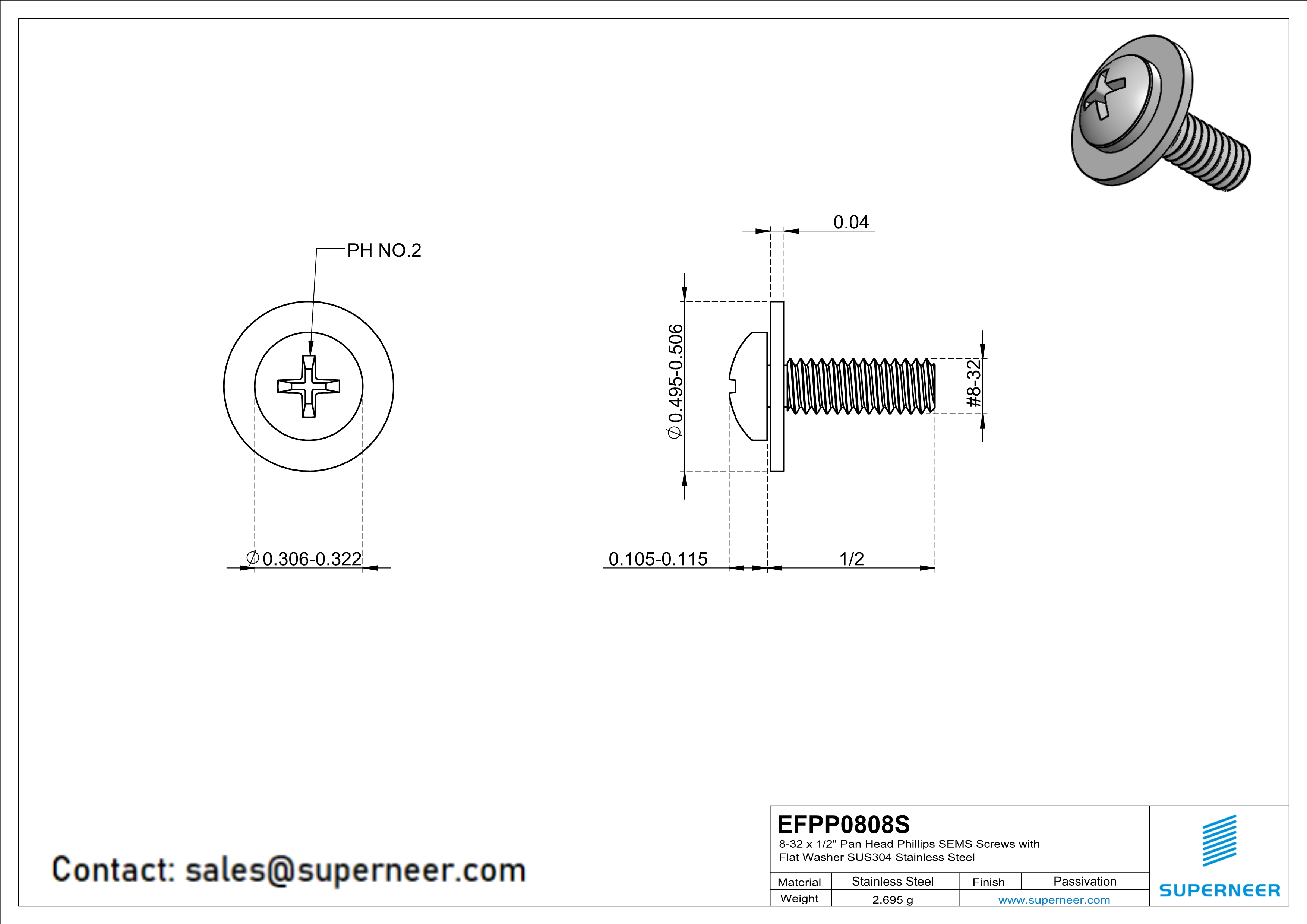 8-32 x 1/2" Pan Head Phillips SEMS Screws with Flat Washer SUS304 Stainless Steel Inox