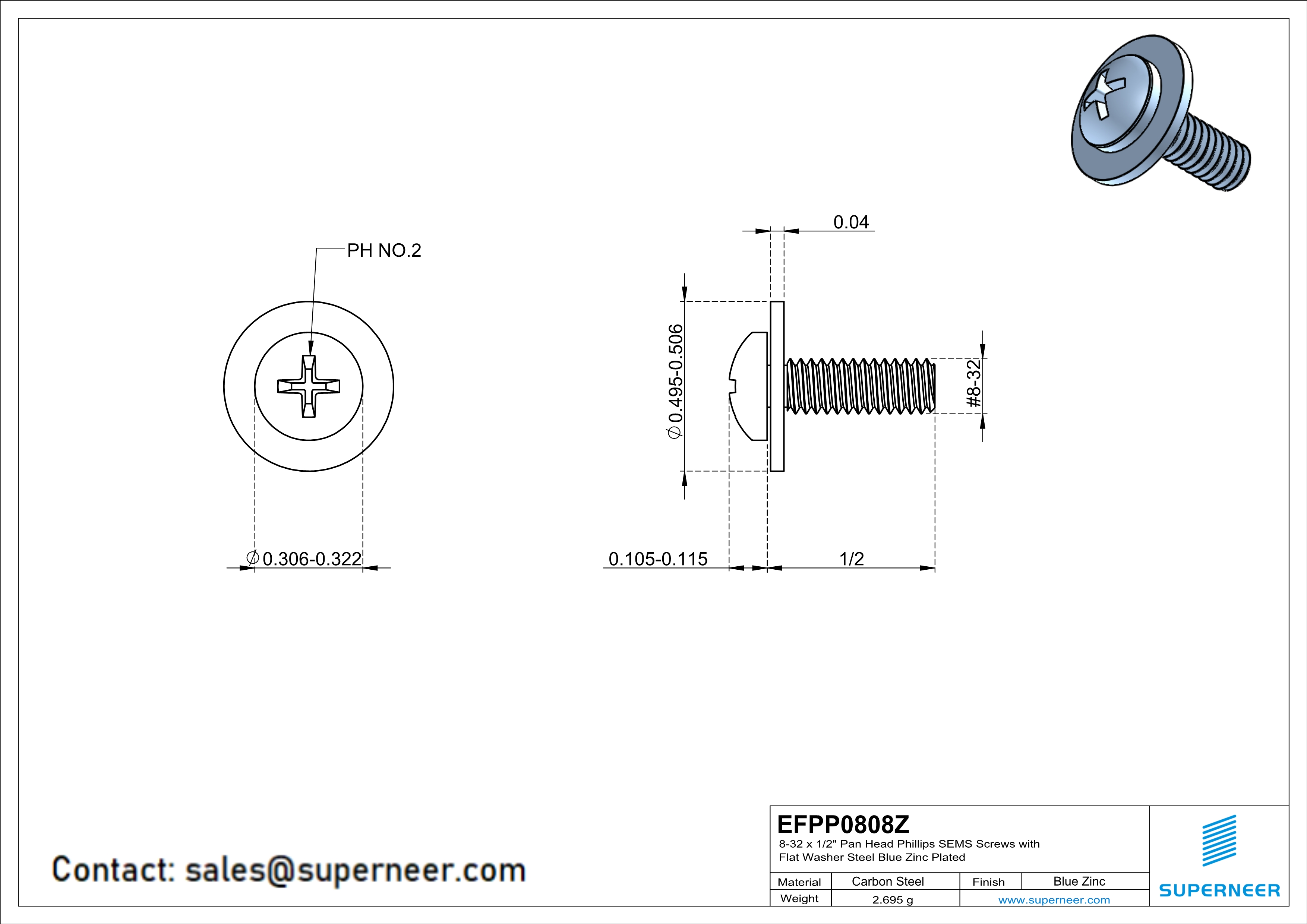 8-32 x 1/2" Pan Head Phillips SEMS Screws with Flat Washer Steel Blue Zinc Plated