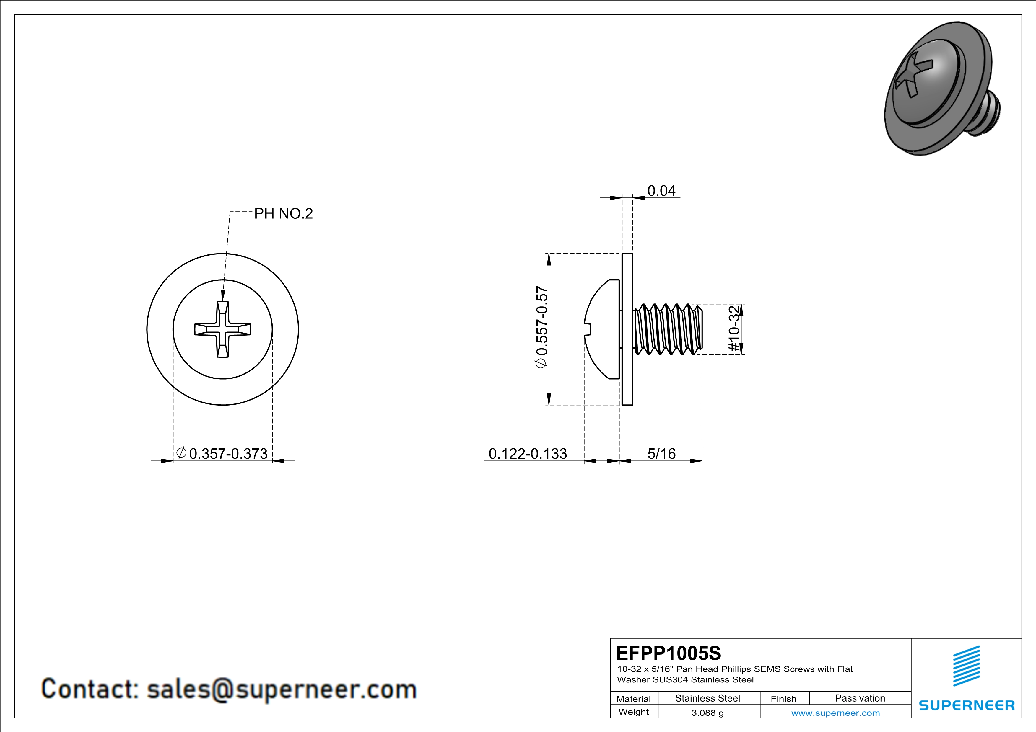 10-32 x 5/16" Pan Head Phillips SEMS Screws with Flat Washer SUS304 Stainless Steel Inox