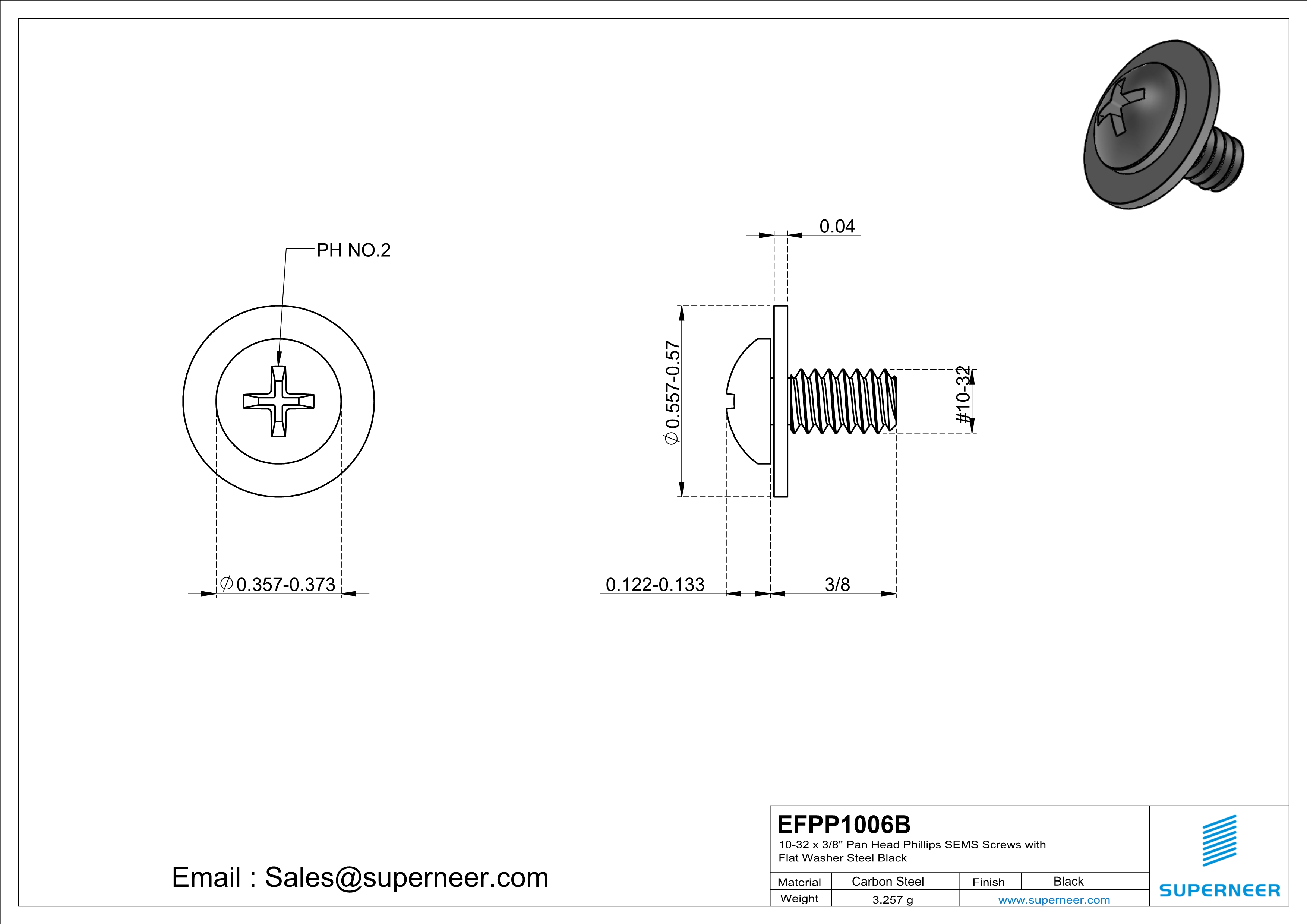 10-32 x 3/8" Pan Head Phillips SEMS Screws with Flat Washer Steel Black