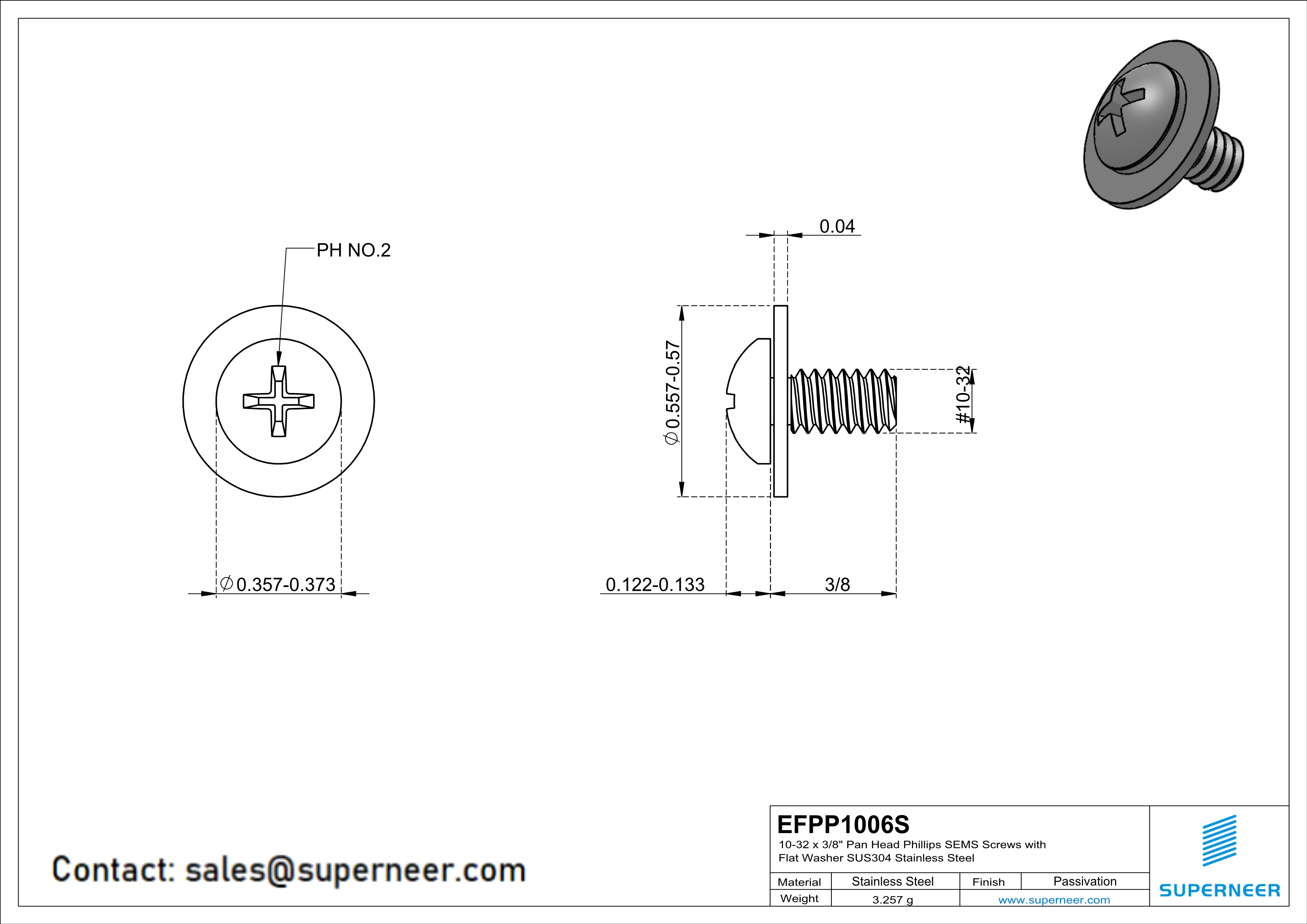 10-32 x 3/8" Pan Head Phillips SEMS Screws with Flat Washer SUS304 Stainless Steel Inox