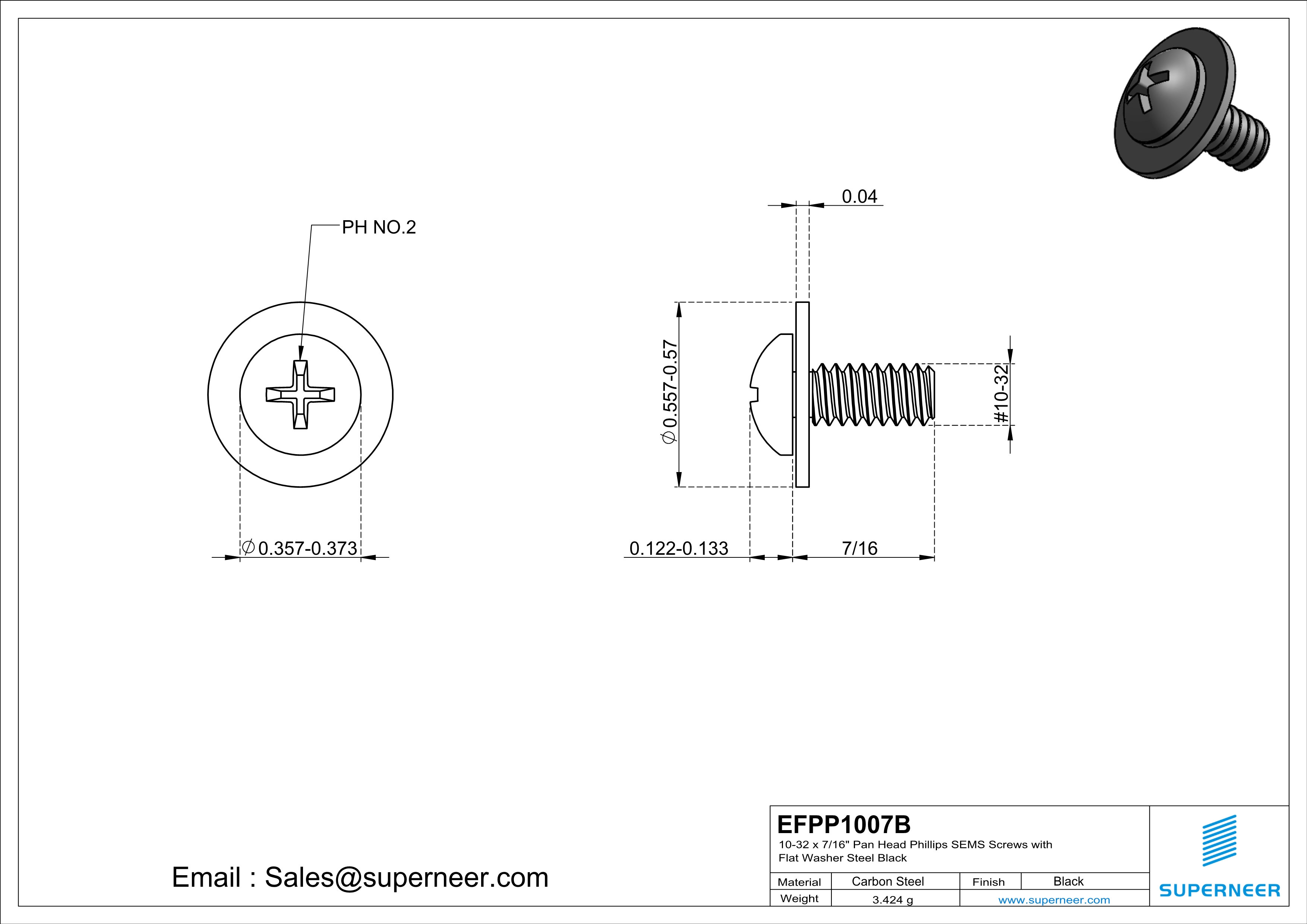 10-32 x 7/16" Pan Head Phillips SEMS Screws with Flat Washer Steel Black