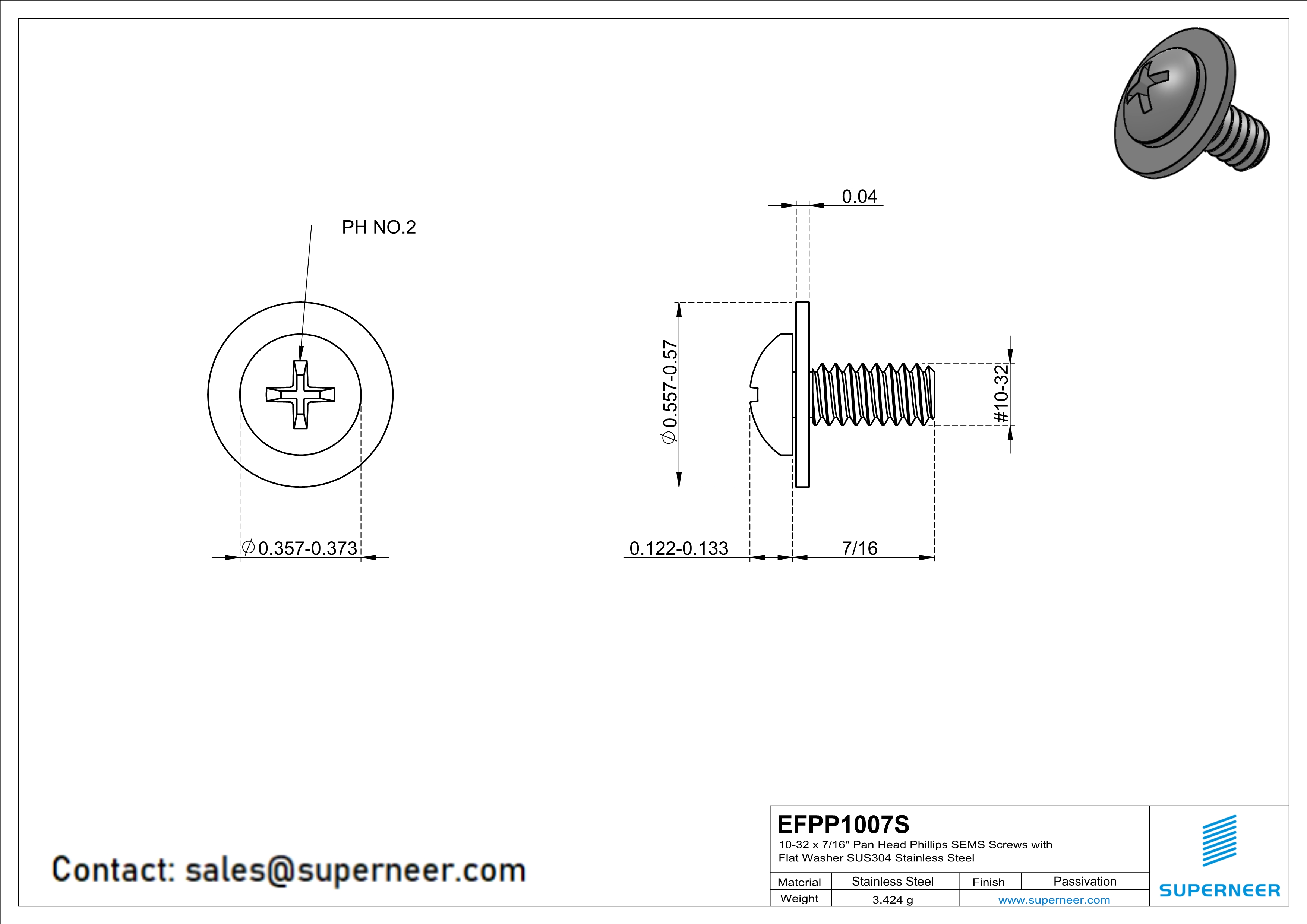 10-32 x 7/16" Pan Head Phillips SEMS Screws with Flat Washer SUS304 Stainless Steel Inox