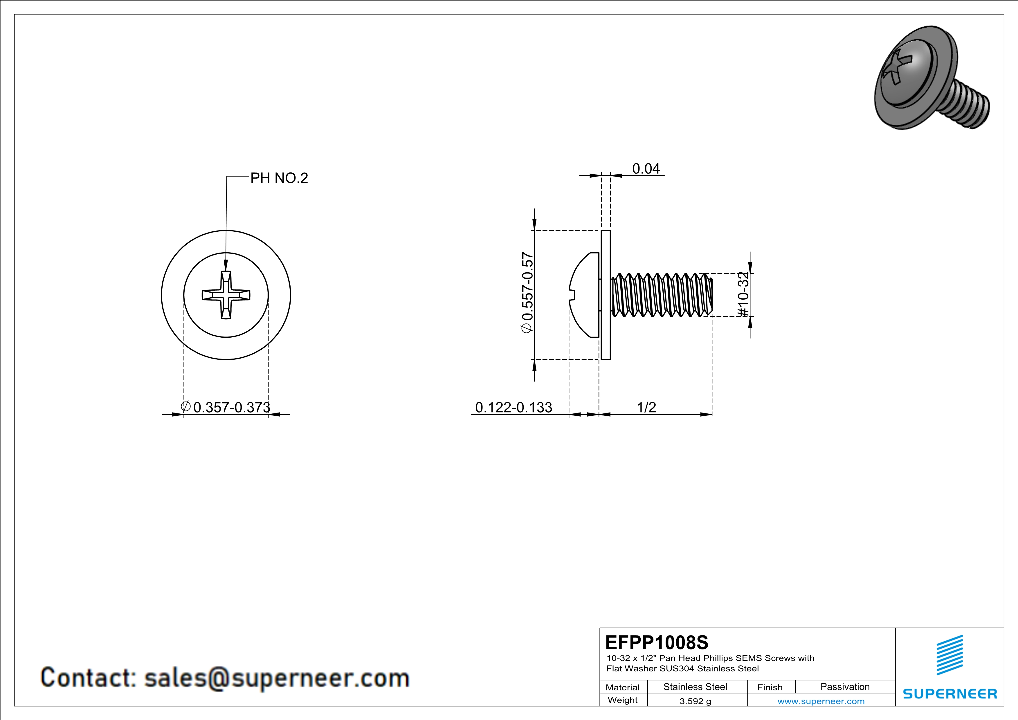 10-32 x 1/2" Pan Head Phillips SEMS Screws with Flat Washer SUS304 Stainless Steel Inox