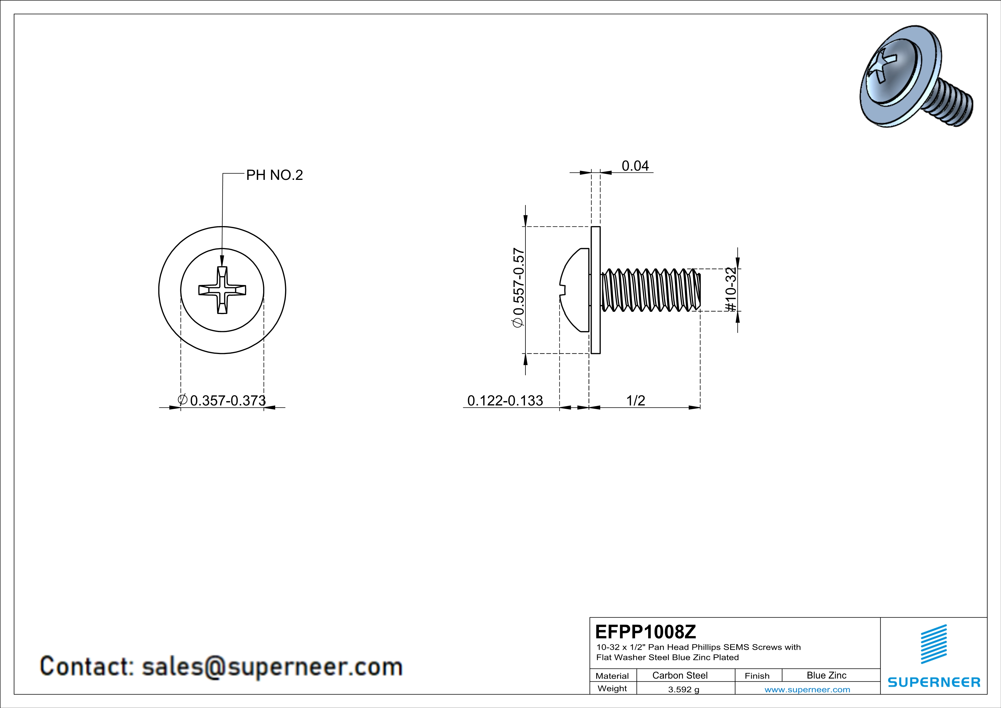 10-32 x 1/2" Pan Head Phillips SEMS Screws with Flat Washer Steel Blue Zinc Plated
