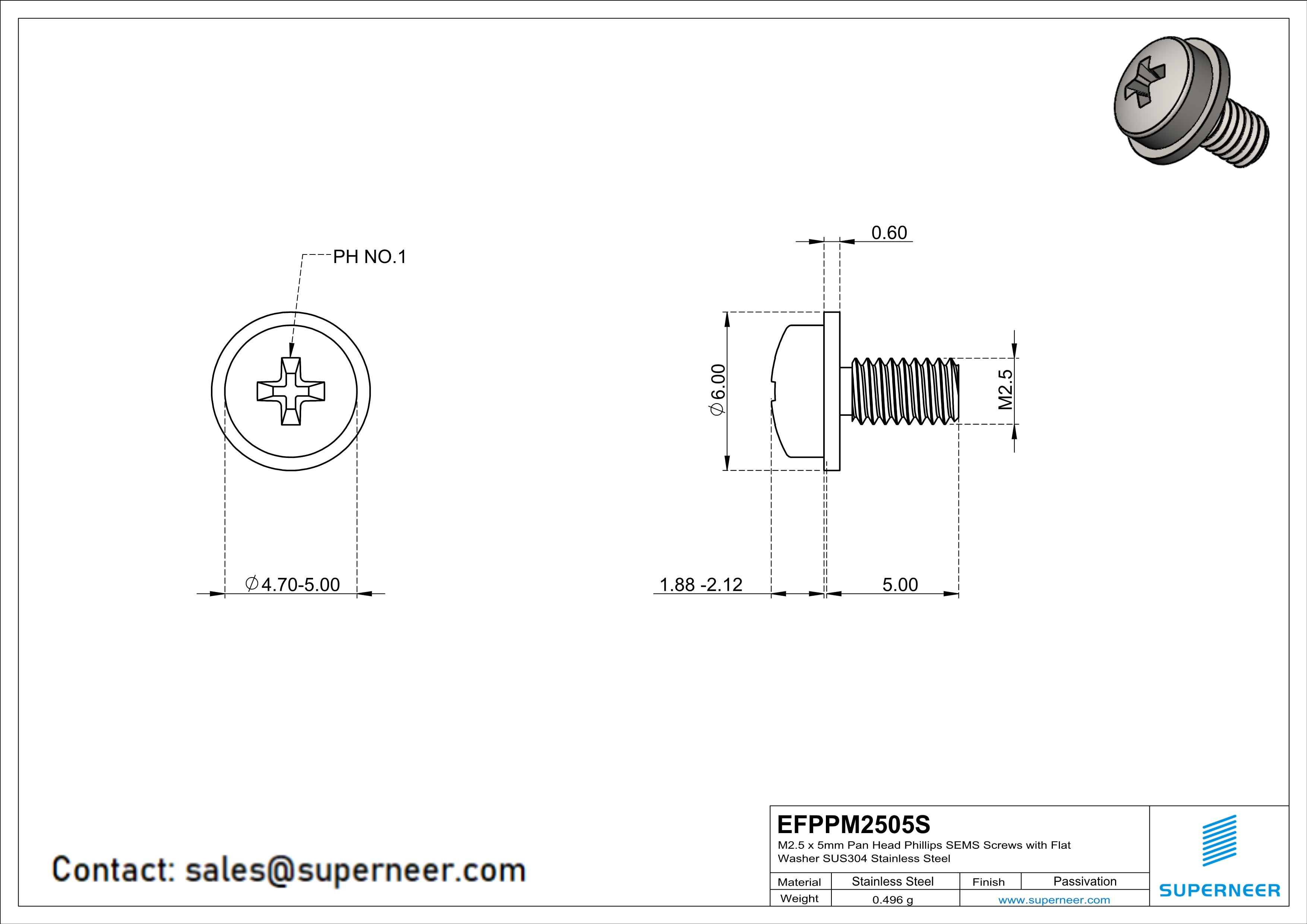 M2.5 x 5mm Pan Head Phillips SEMS Screws with Flat Washer SUS304 Stainless Steel Inox