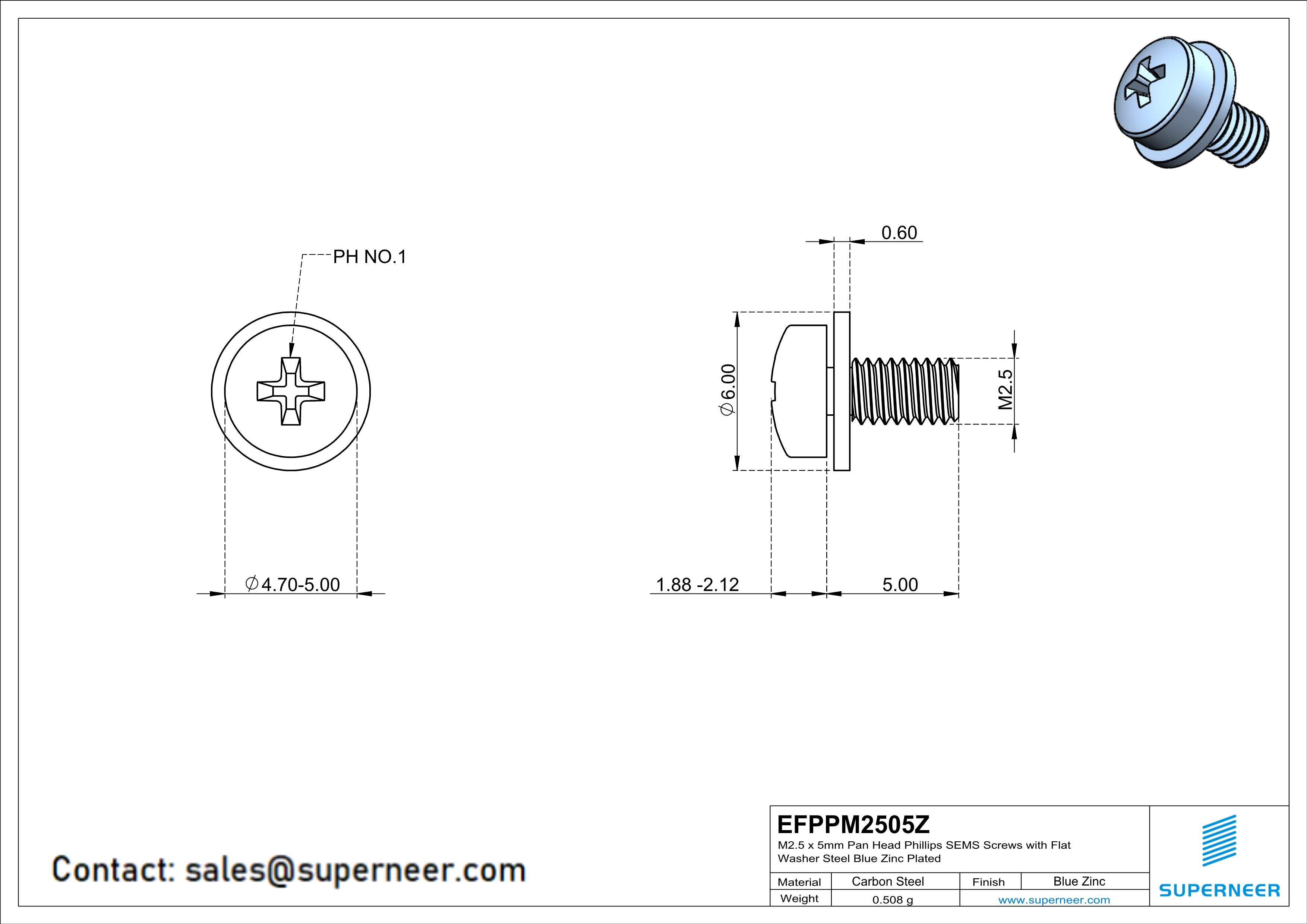 M2.5 x 5mm Pan Head Phillips SEMS Screws with Flat Washer Steel Blue Zinc Plated