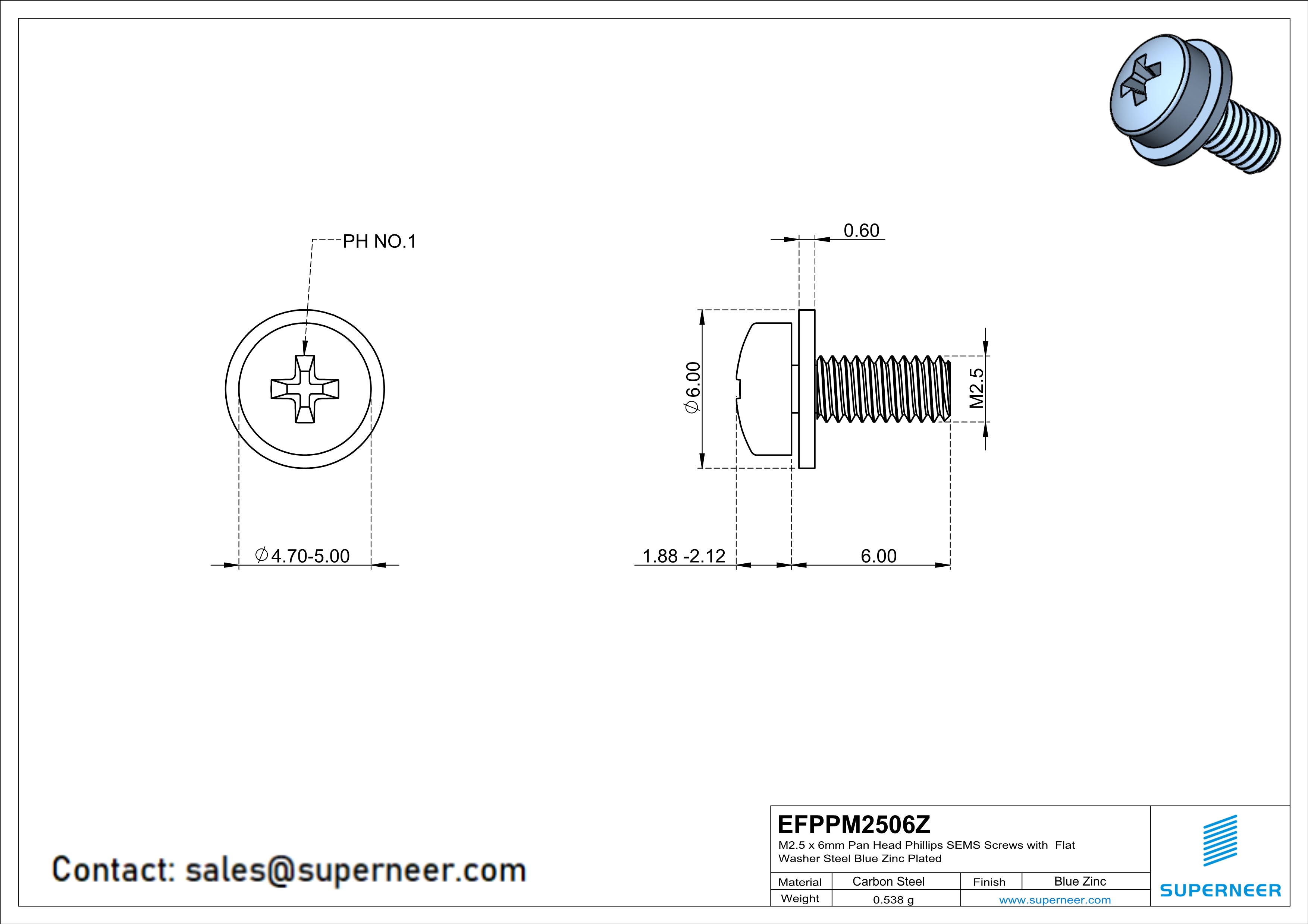 M2.5 x 6mm Pan Head Phillips SEMS Screws with Flat Washer Steel Blue Zinc Plated