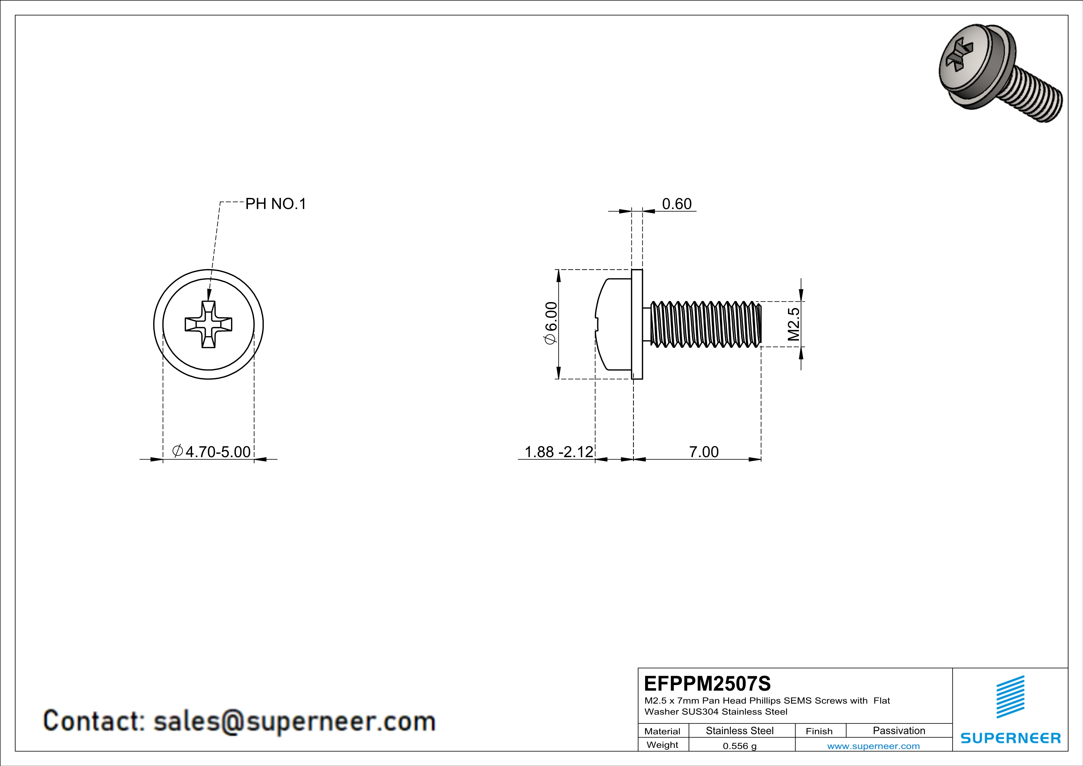 M2.5 x 7mm Pan Head Phillips SEMS Screws with Flat Washer SUS304 Stainless Steel Inox