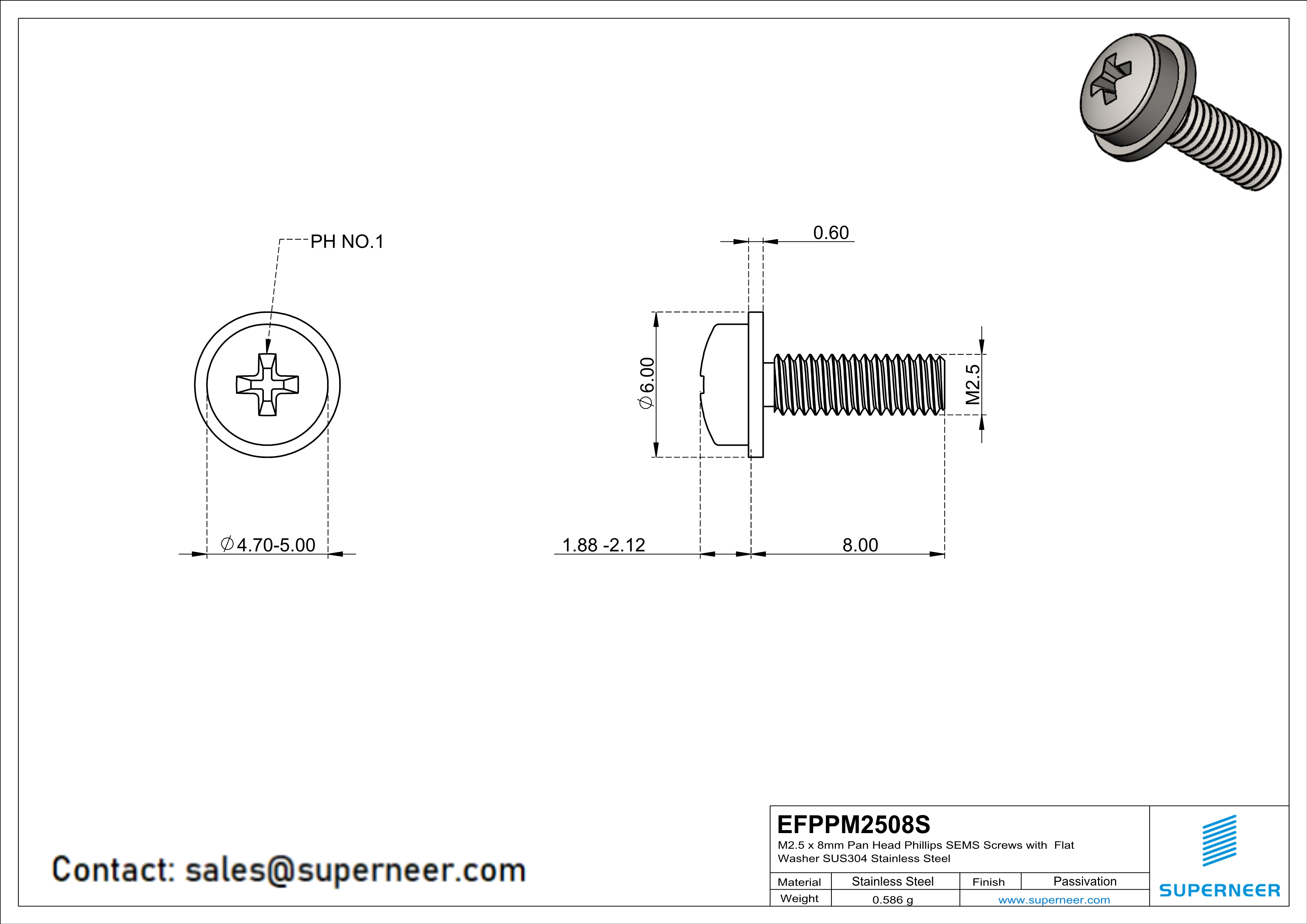 M2.5 x 8mm Pan Head Phillips SEMS Screws with Flat Washer SUS304 Stainless Steel Inox