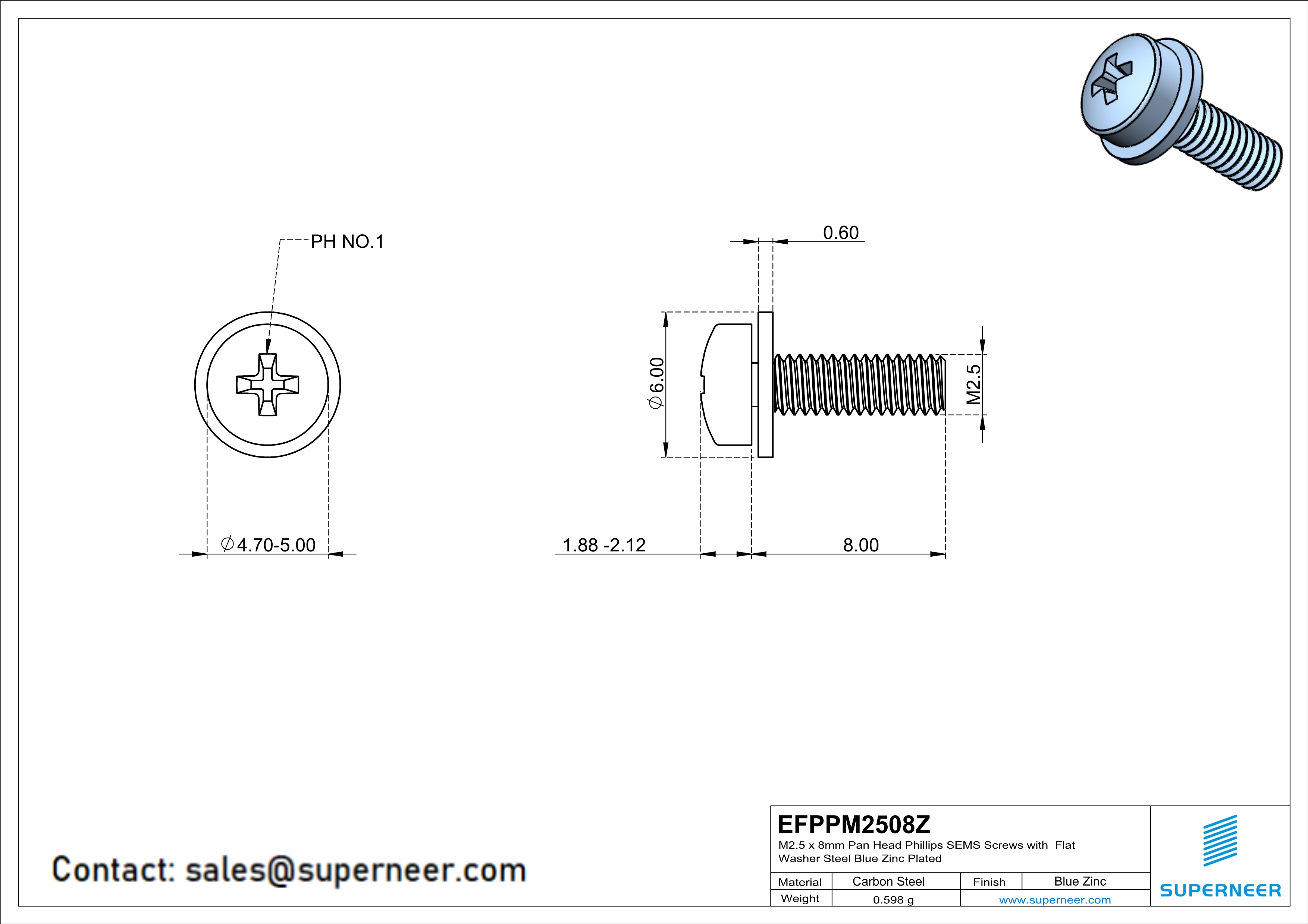 M2.5 x 8mm Pan Head Phillips SEMS Screws with Flat Washer Steel Blue Zinc Plated