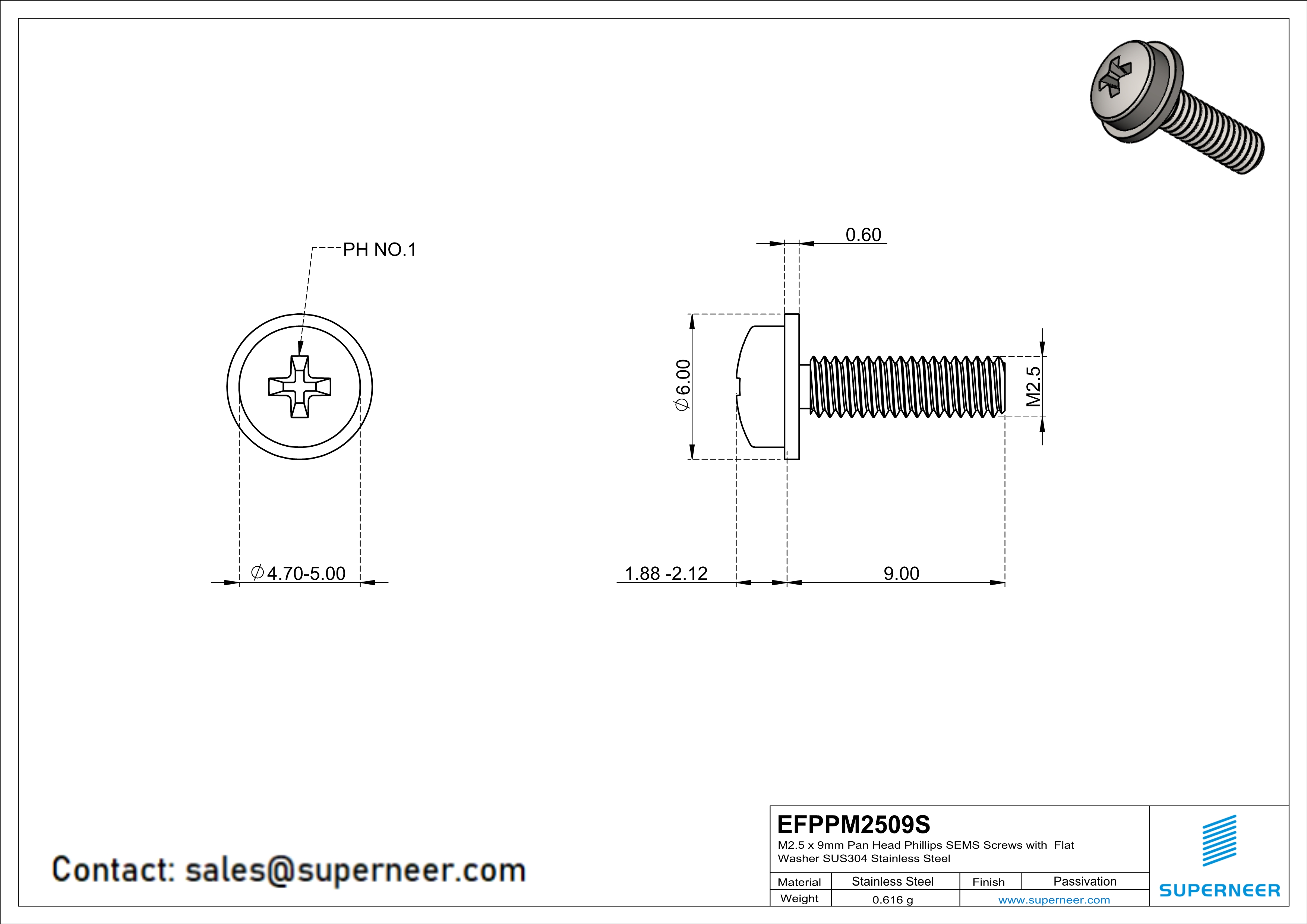 M2.5 x 9mm Pan Head Phillips SEMS Screws with Flat Washer SUS304 Stainless Steel Inox