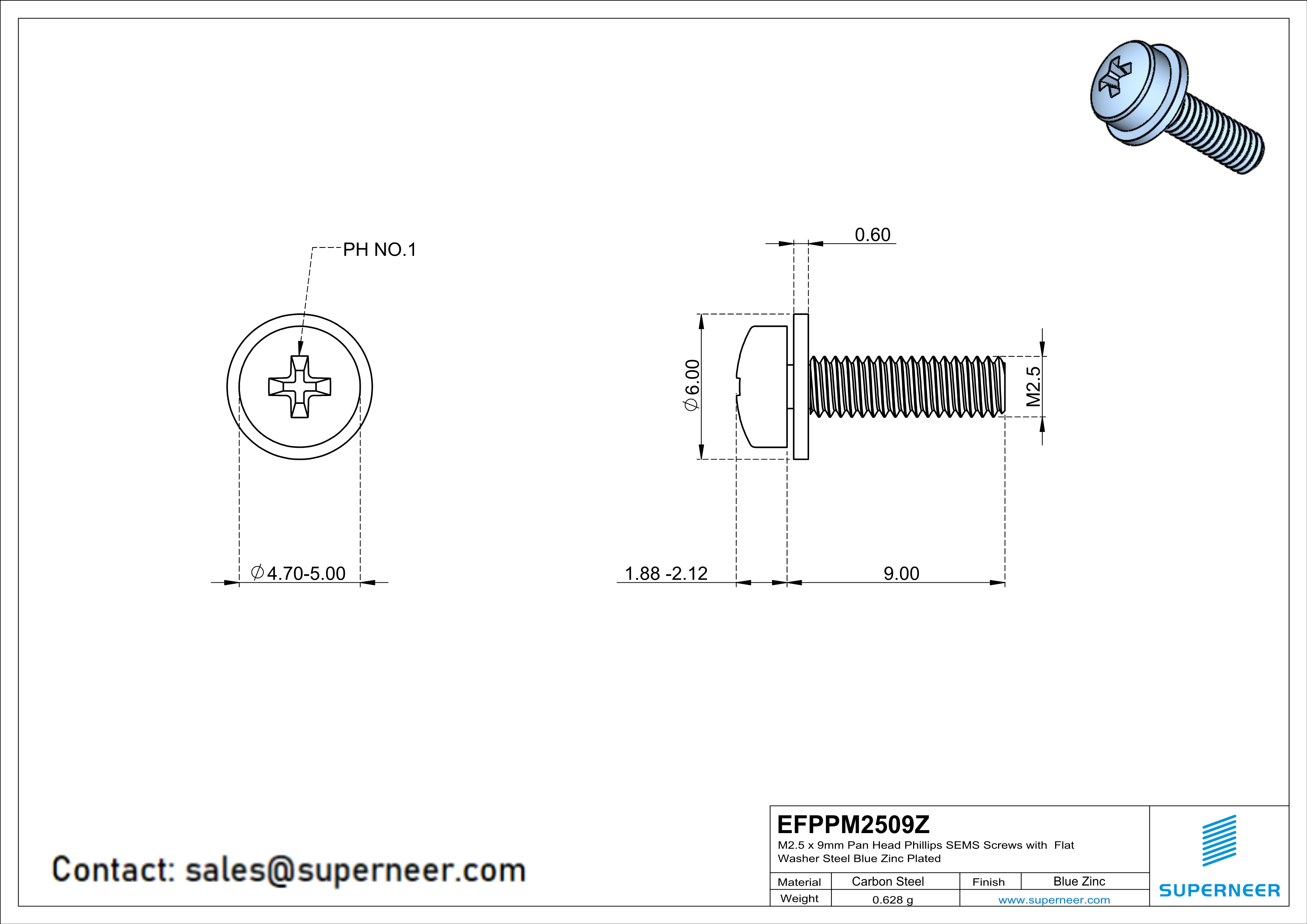 M2.5 x 9mm Pan Head Phillips SEMS Screws with Flat Washer Steel Blue Zinc Plated