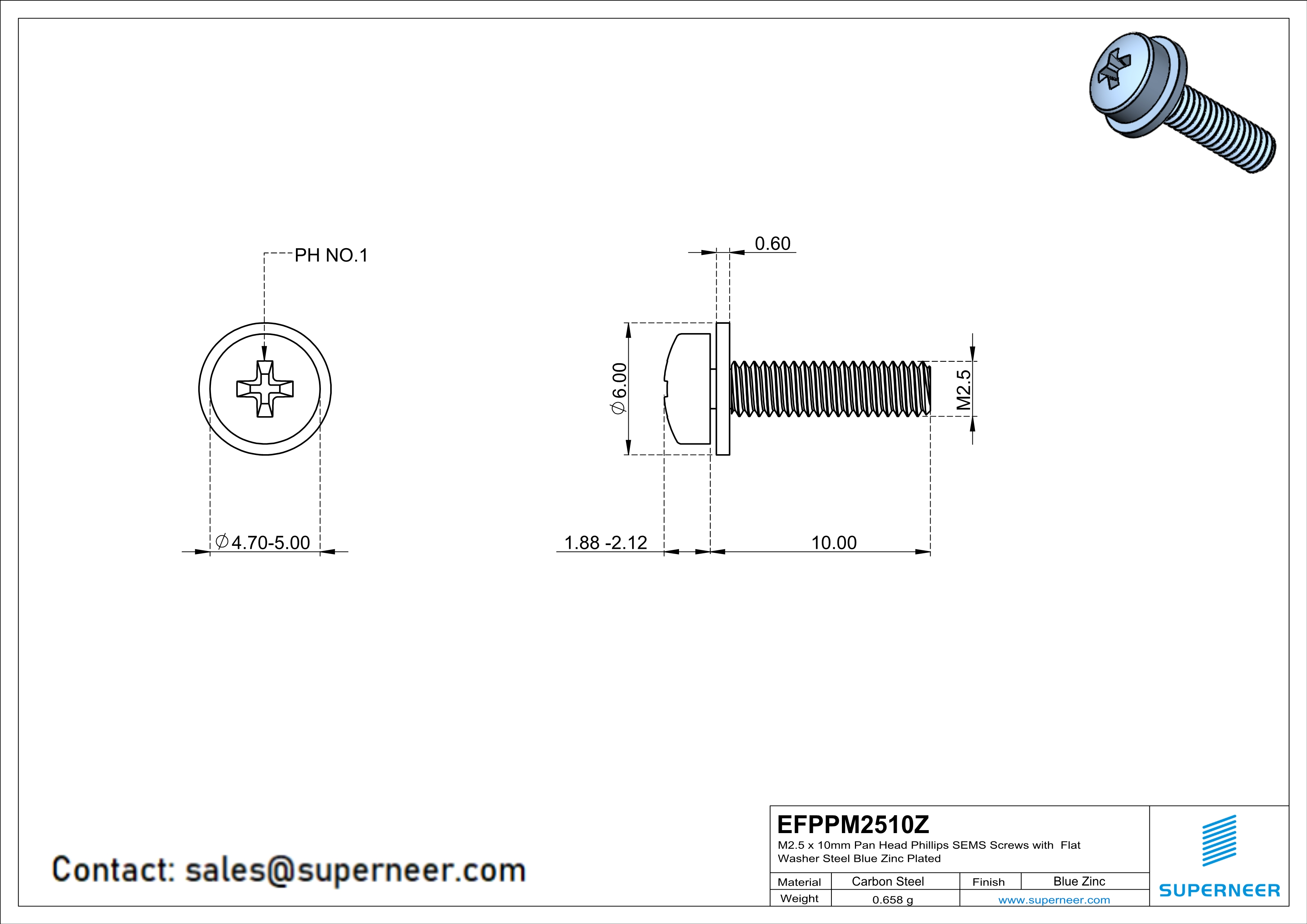 M2.5 x 10mm Pan Head Phillips SEMS Screws with Flat Washer Steel Blue Zinc Plated