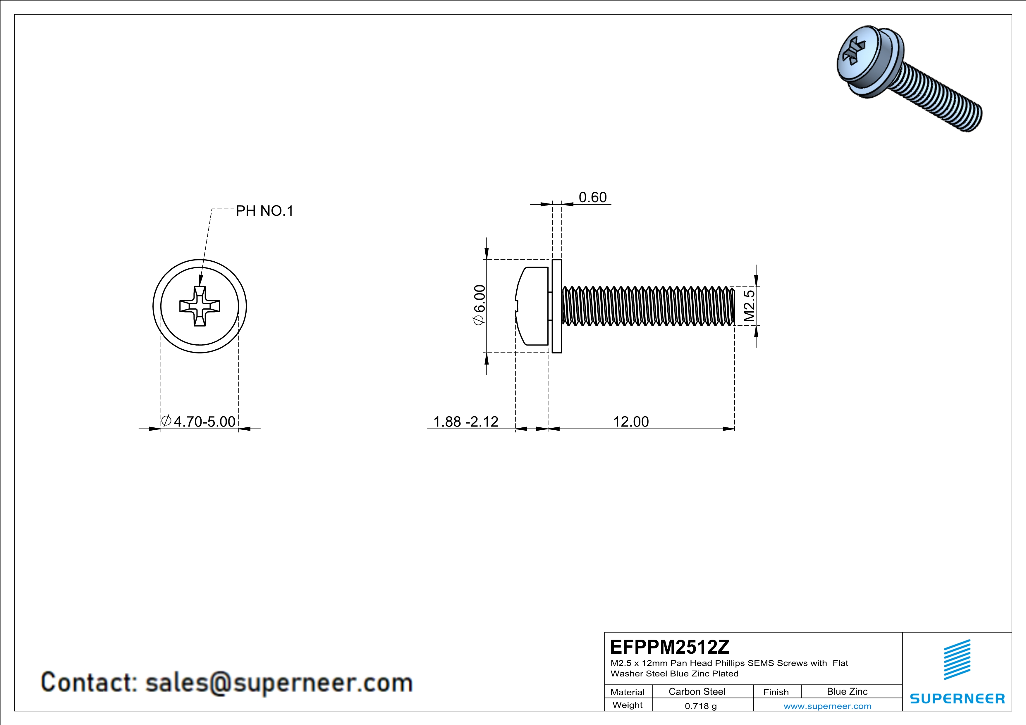 M2.5 x 12mm Pan Head Phillips SEMS Screws with Flat Washer Steel Blue Zinc Plated