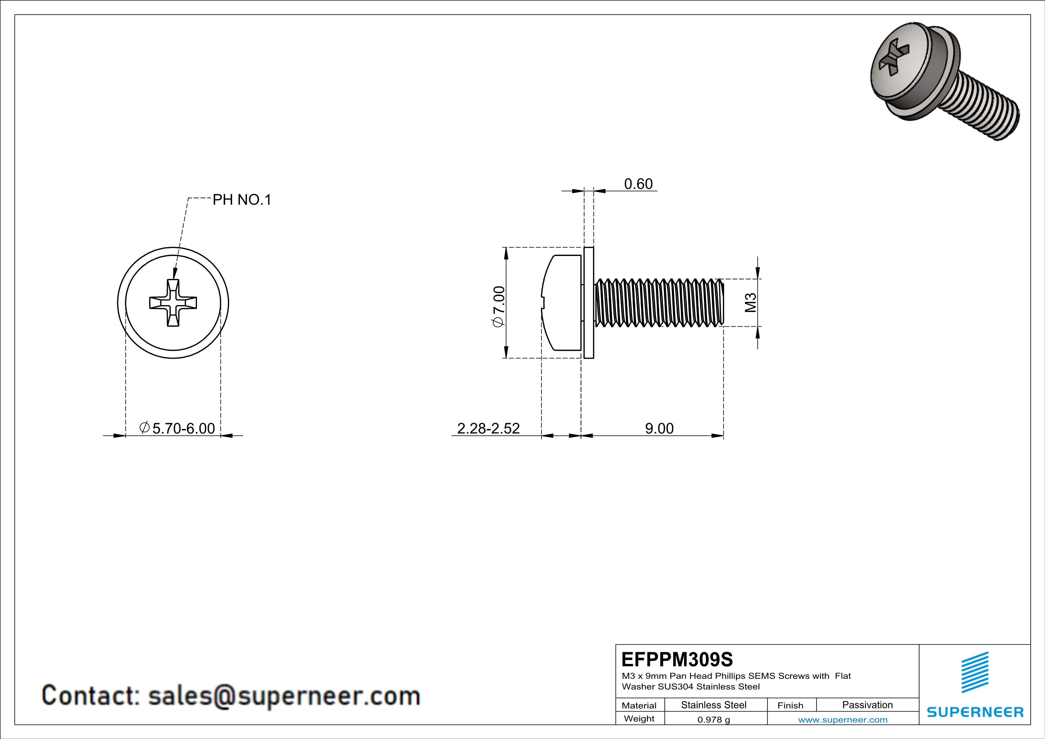 M3 x 9mm Pan Head Phillips SEMS Screws with Flat Washer SUS304 Stainless Steel Inox