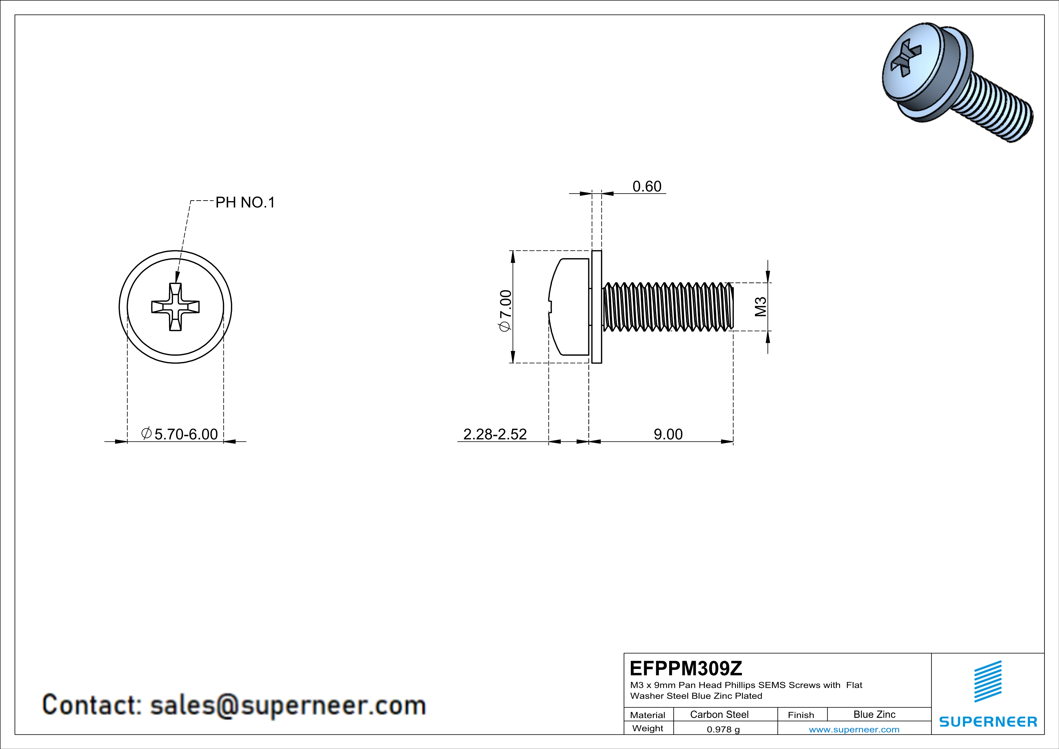 M3 x 9mm Pan Head Phillips SEMS Screws with Flat Washer Steel Blue Zinc Plated