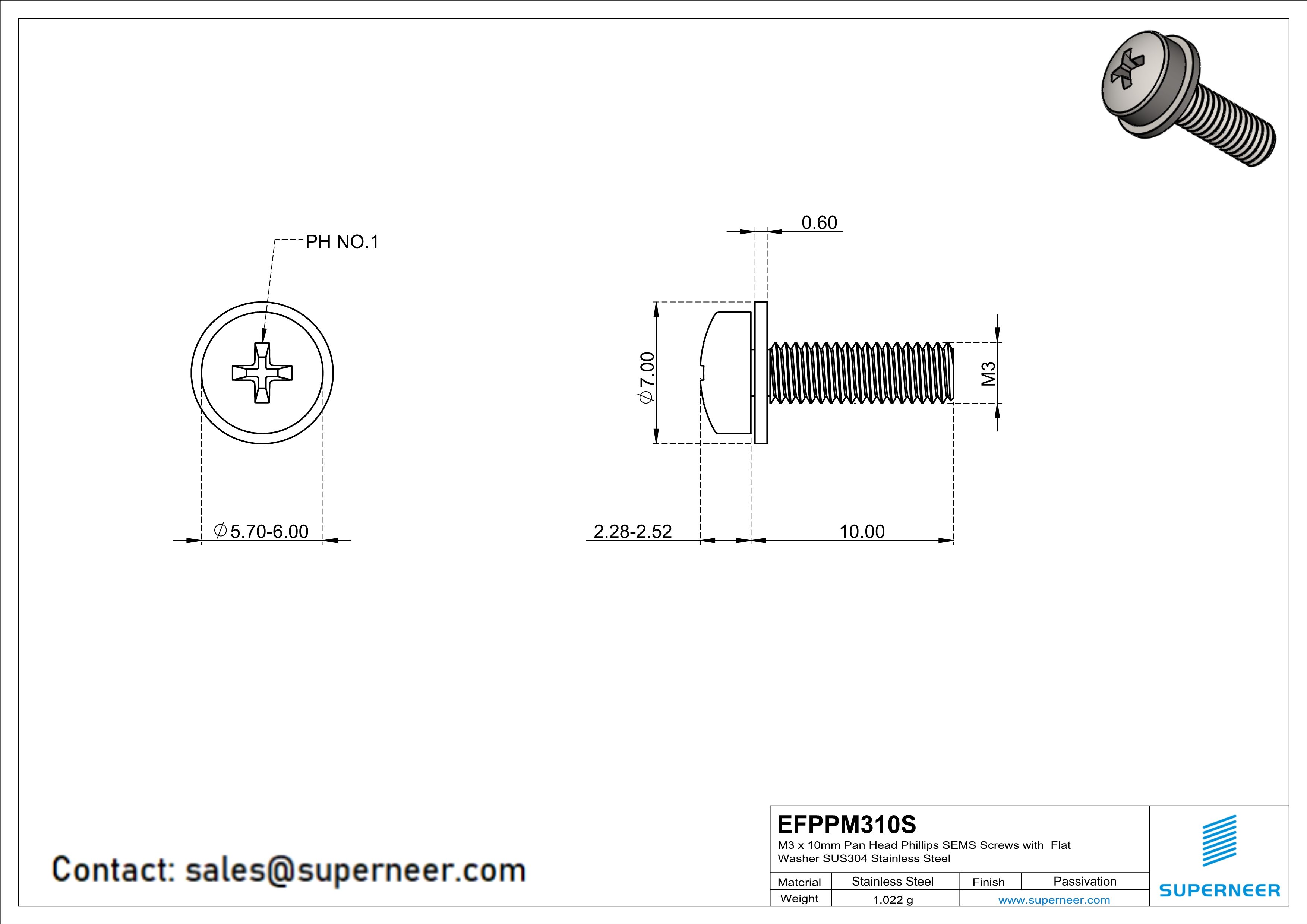 M3 x 10mm Pan Head Phillips SEMS Screws with Flat Washer SUS304 Stainless Steel Inox