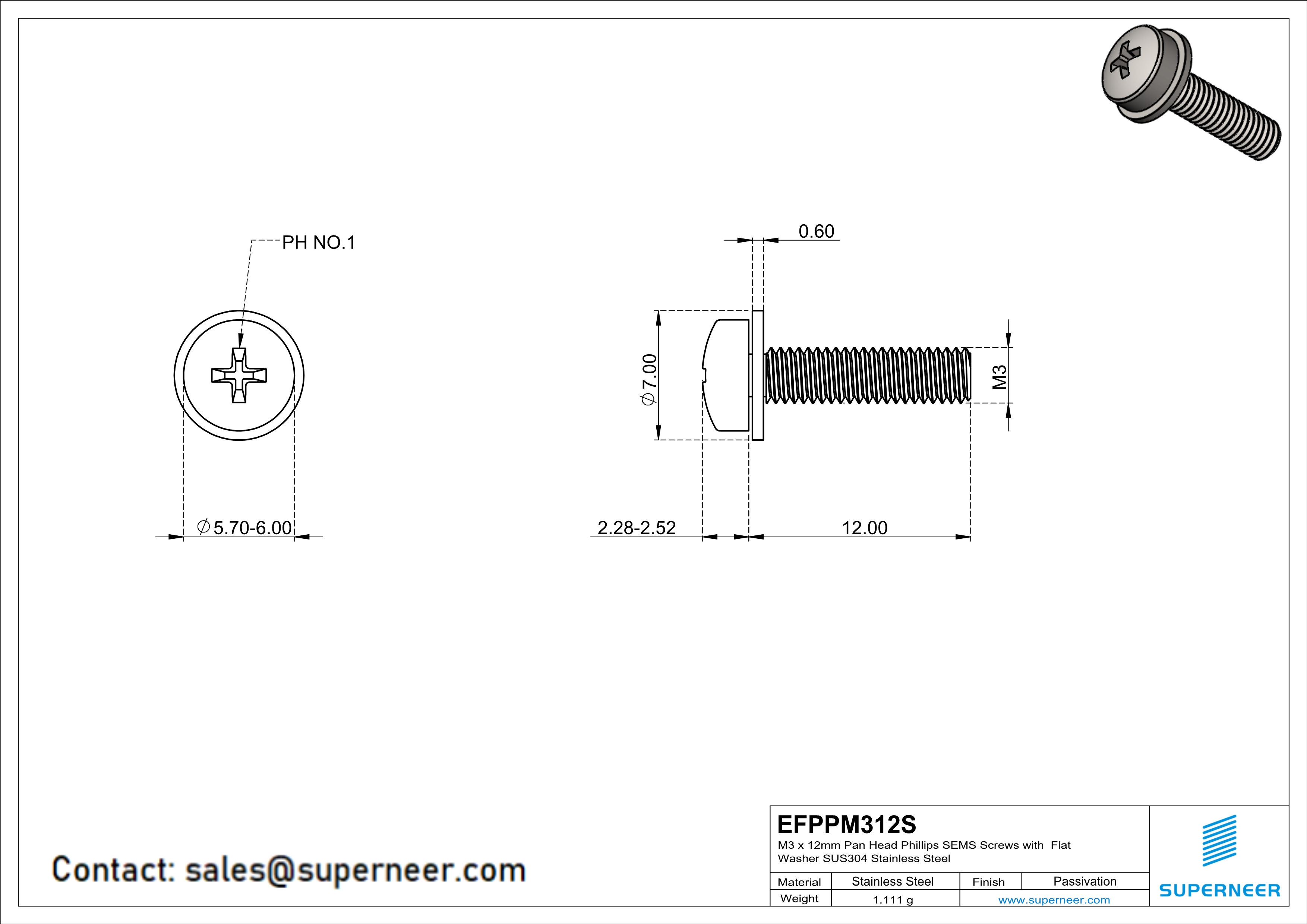 M3 x 12mm Pan Head Phillips SEMS Screws with Flat Washer SUS304 Stainless Steel Inox