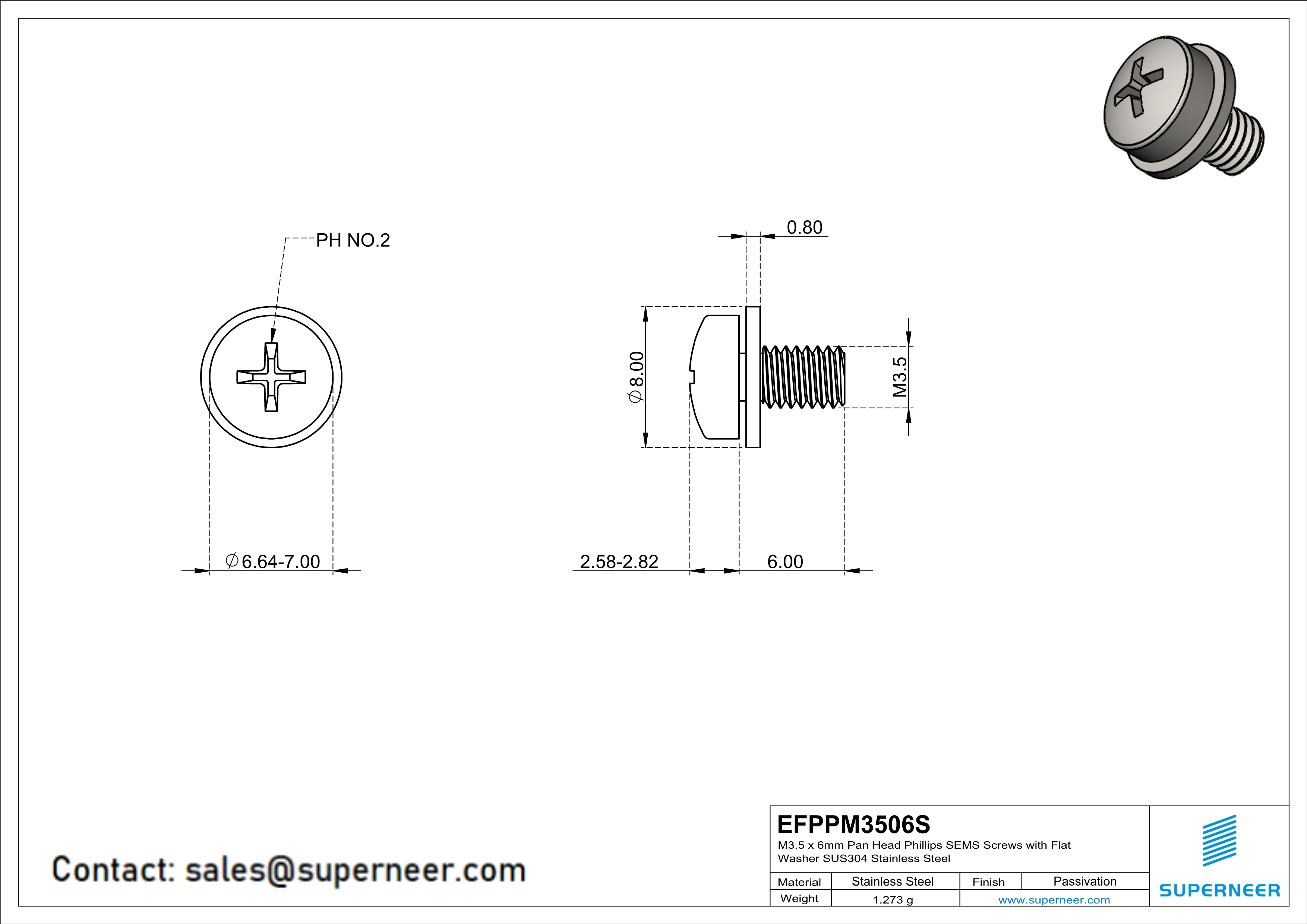 M3.5 x 6mm Pan Head Phillips SEMS Screws with Flat Washer SUS304 Stainless Steel Inox