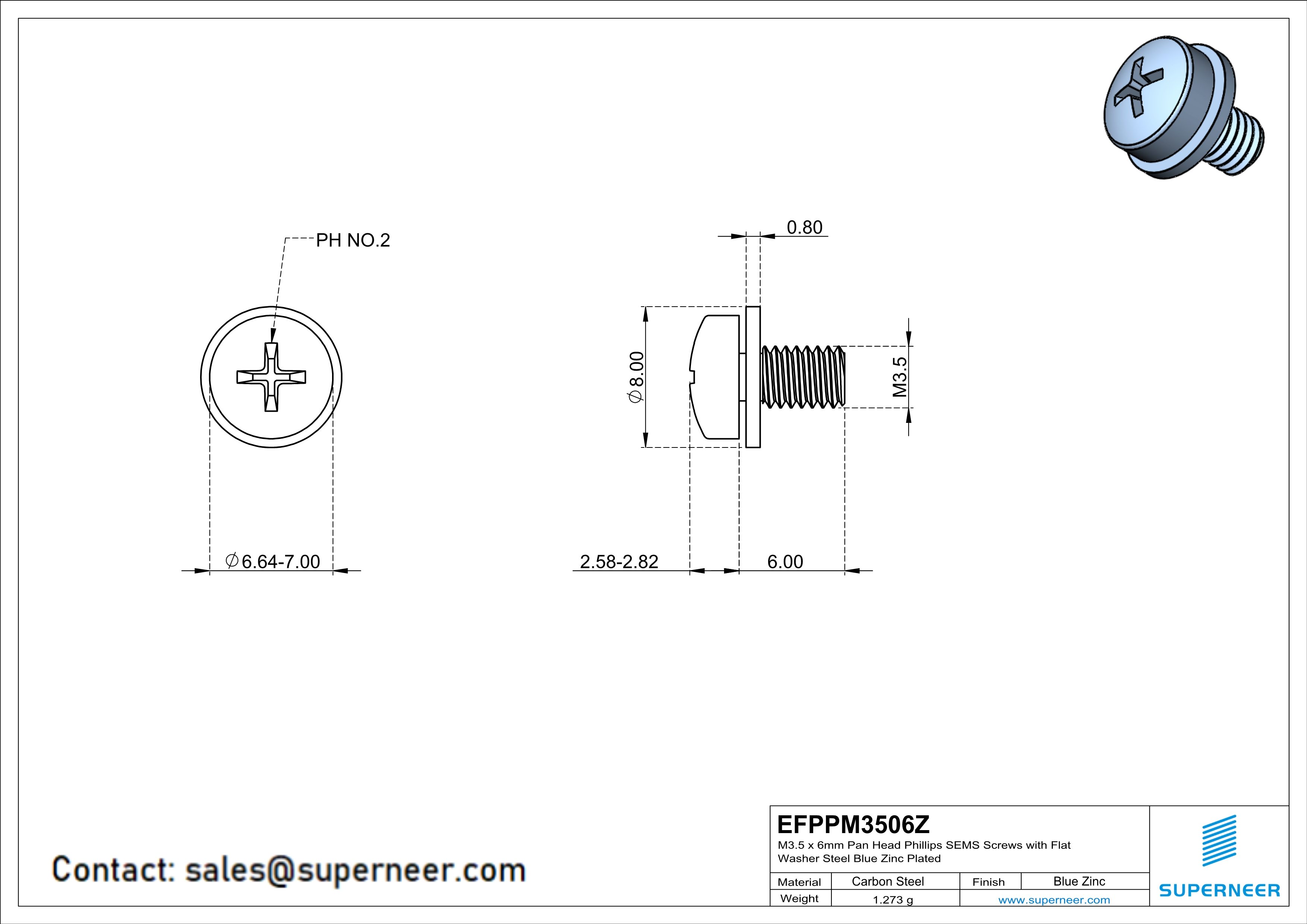 M3.5 x 6mm Pan Head Phillips SEMS Screws with Flat Washer Steel Blue Zinc Plated