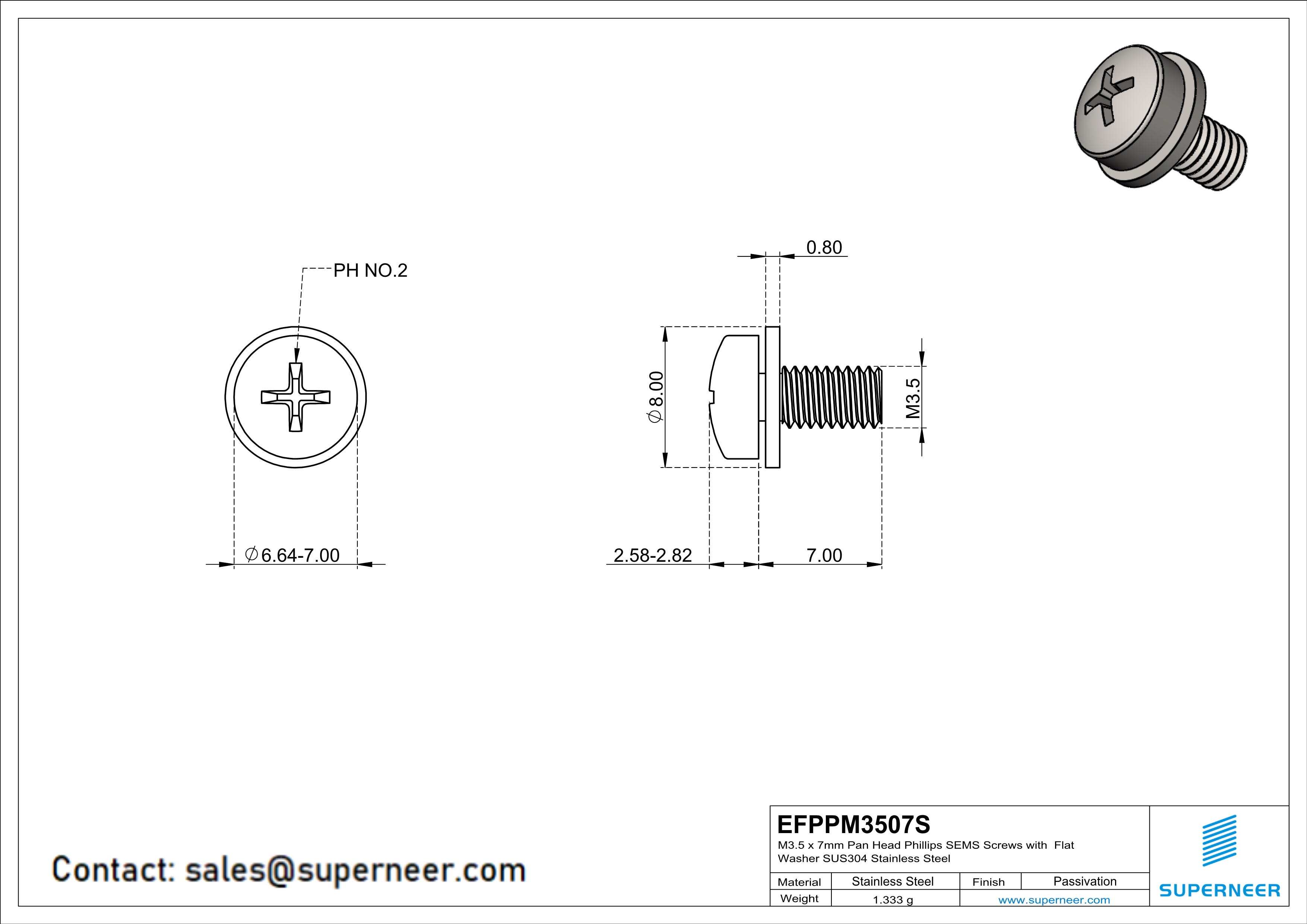 M3.5 x 7mm Pan Head Phillips SEMS Screws with Flat Washer SUS304 Stainless Steel Inox