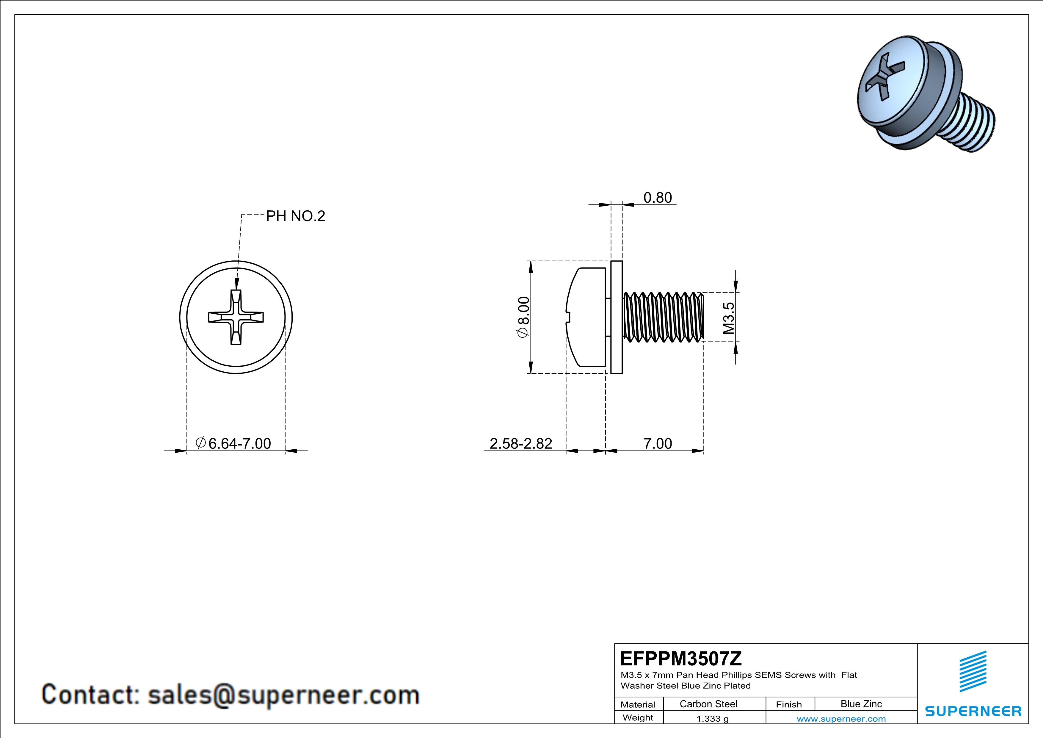 M3.5 x 7mm Pan Head Phillips SEMS Screws with Flat Washer Steel Blue Zinc Plated