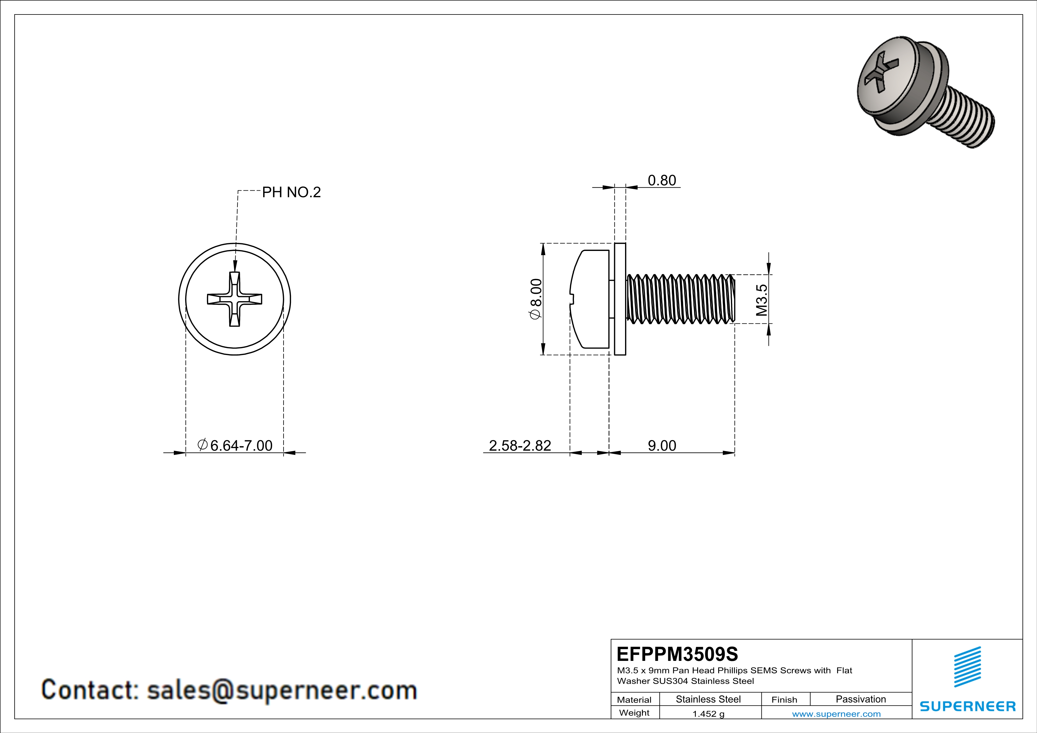 M3.5 x 9mm Pan Head Phillips SEMS Screws with Flat Washer SUS304 Stainless Steel Inox