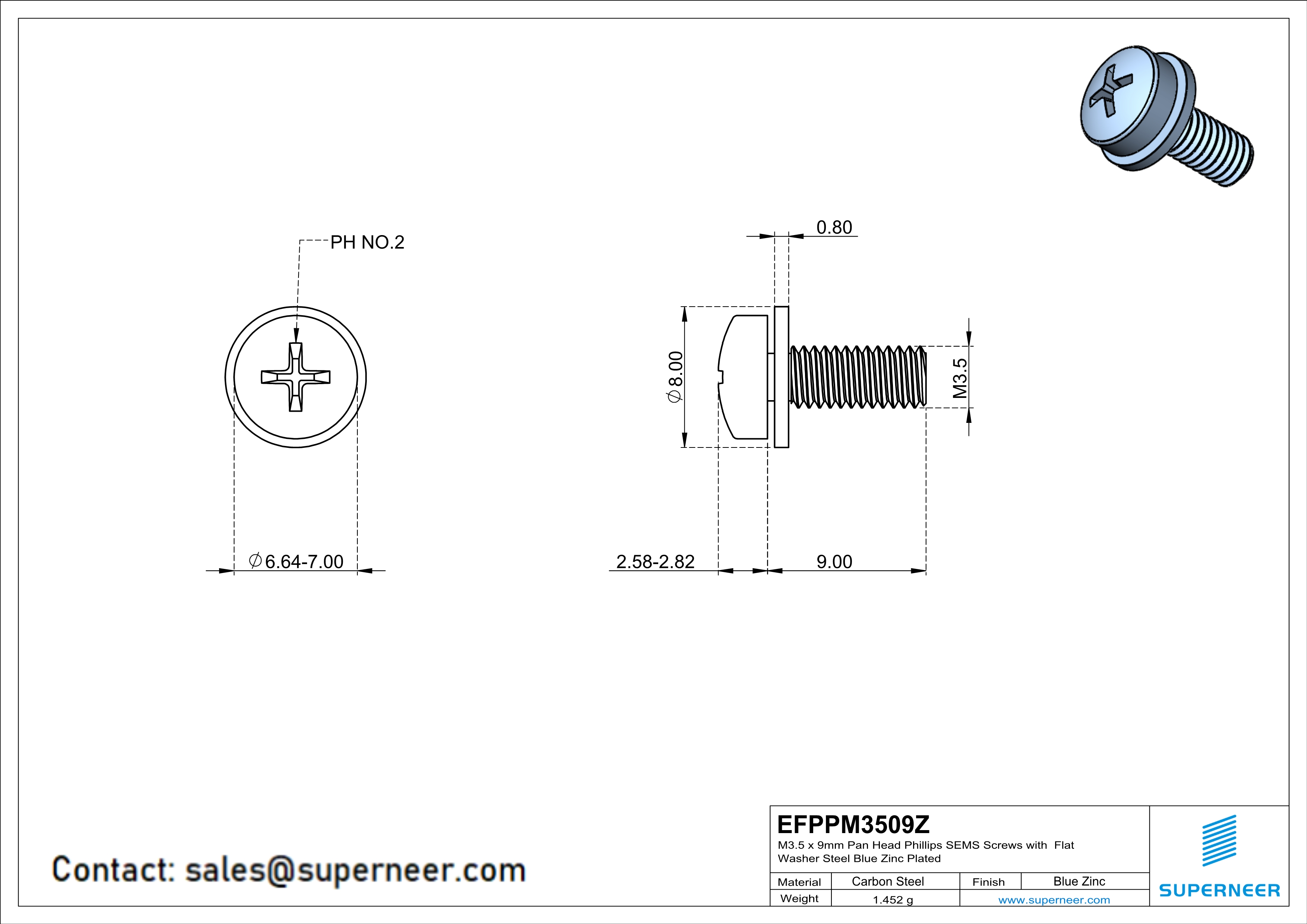 M3.5 x 9mm Pan Head Phillips SEMS Screws with Flat Washer Steel Blue Zinc Plated