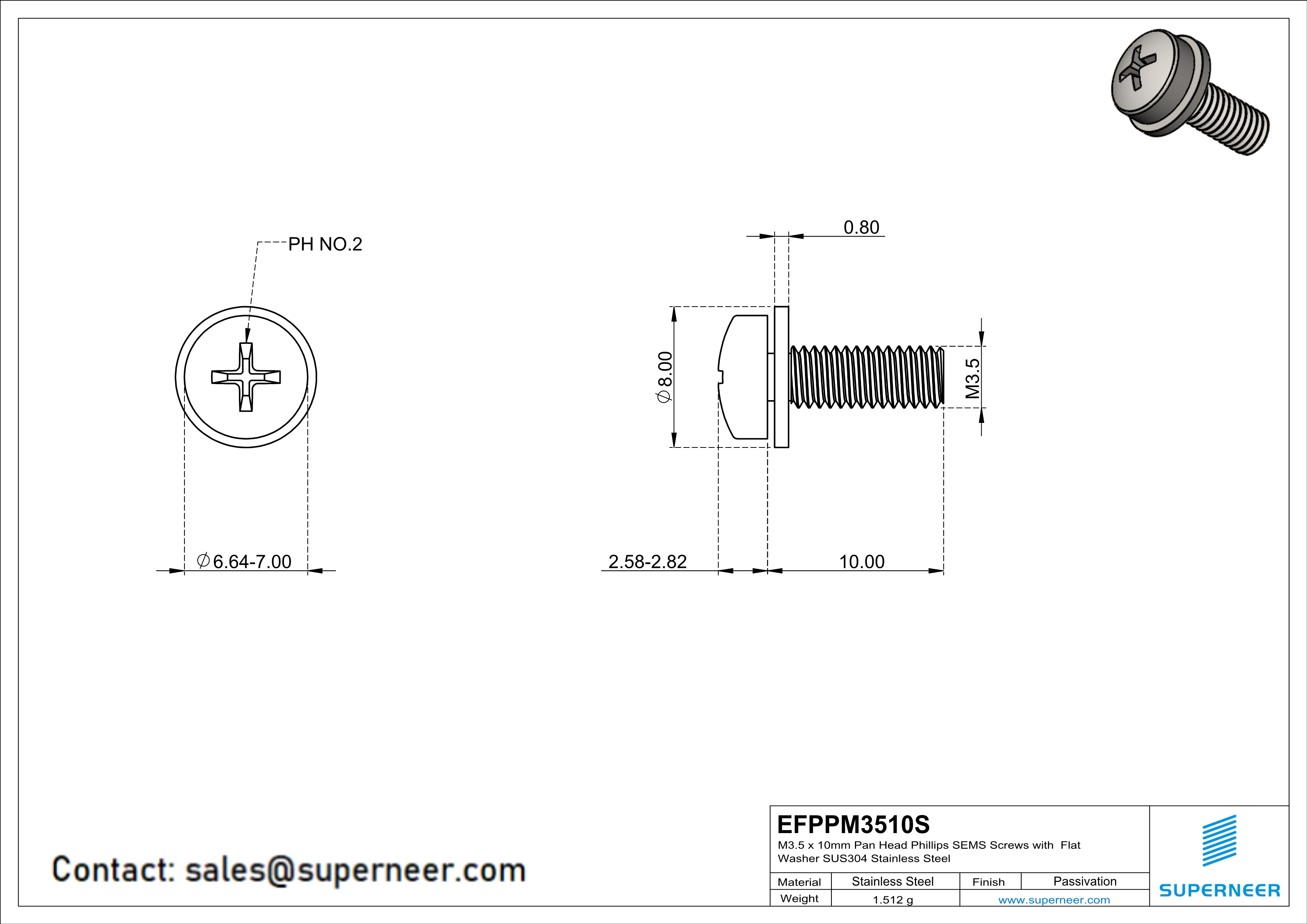 M3.5 x 10mm Pan Head Phillips SEMS Screws with Flat Washer SUS304 Stainless Steel Inox