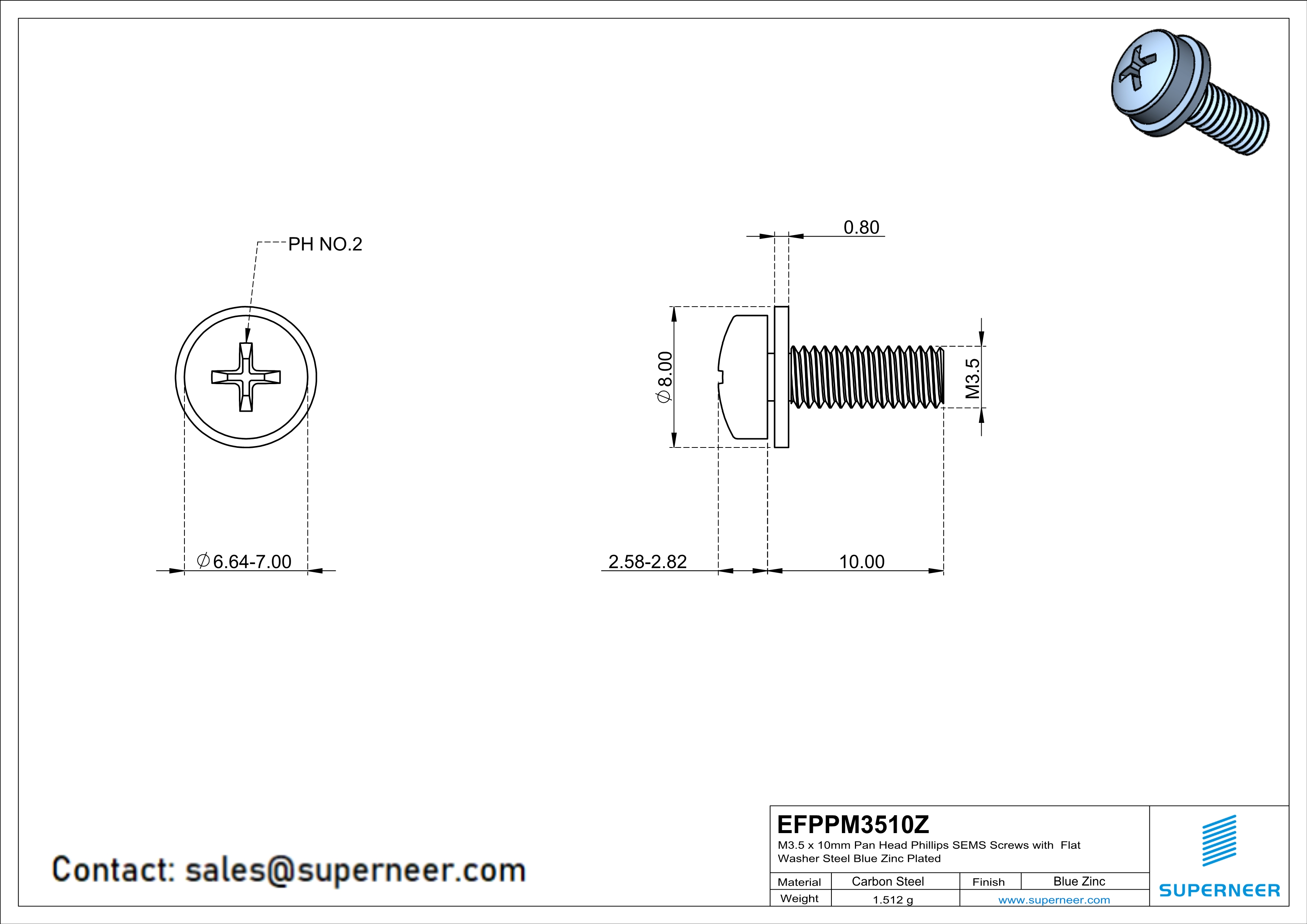 M3.5 x 10mm Pan Head Phillips SEMS Screws with Flat Washer Steel Blue Zinc Plated