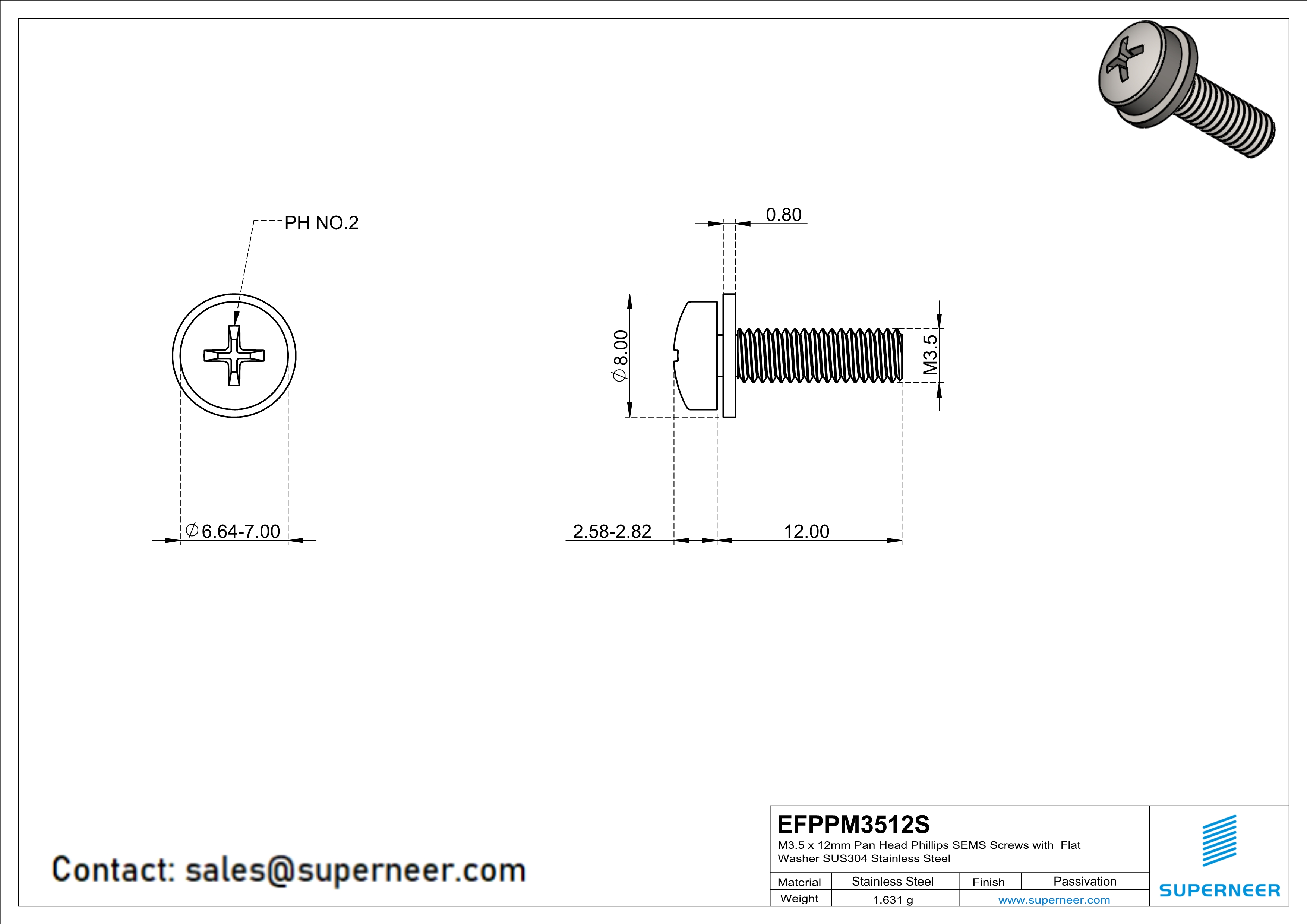 M3.5 x 12mm Pan Head Phillips SEMS Screws with Flat Washer SUS304 Stainless Steel Inox