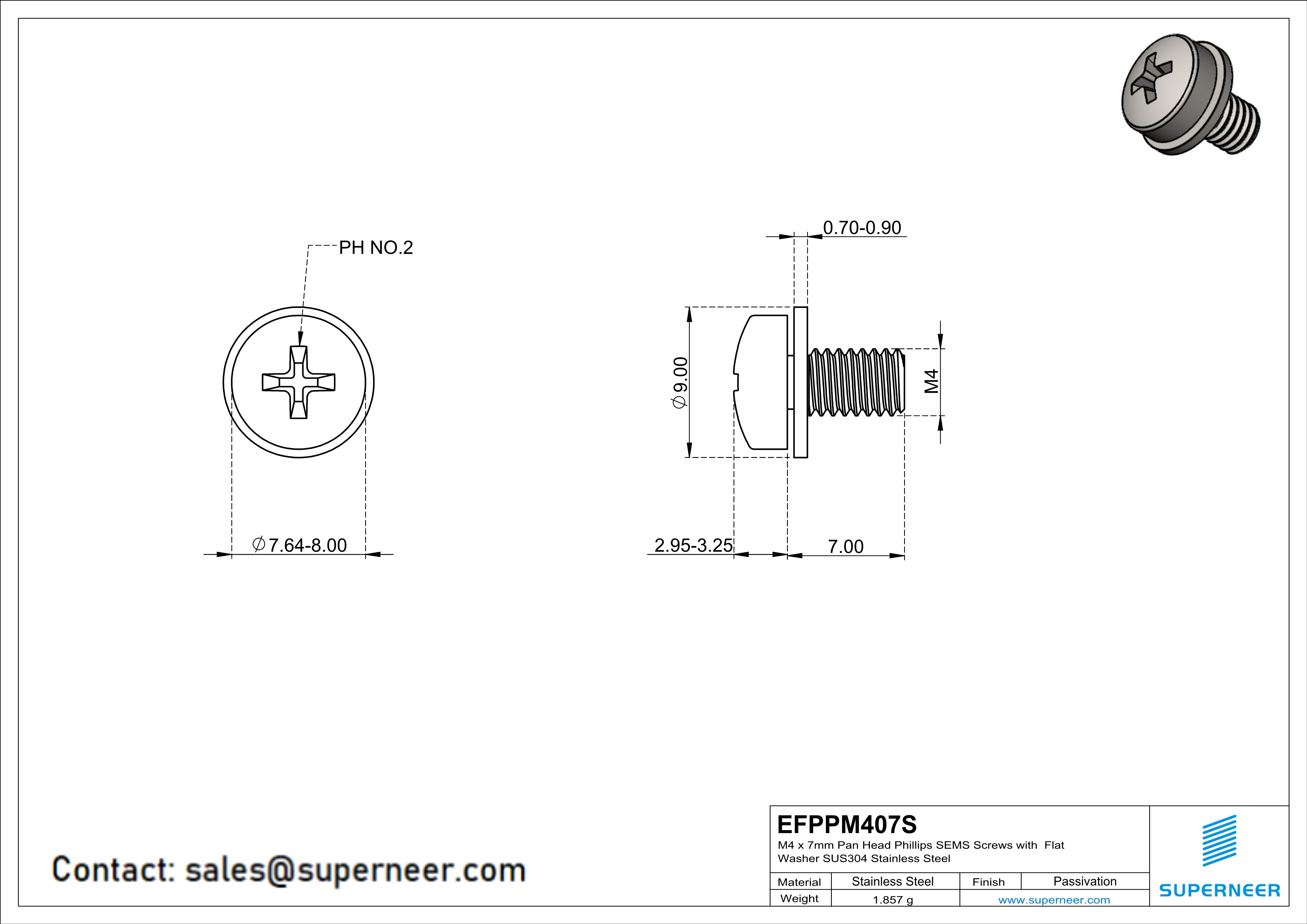 M4 x 7mm Pan Head Phillips SEMS Screws with Flat Washer SUS304 Stainless Steel Inox