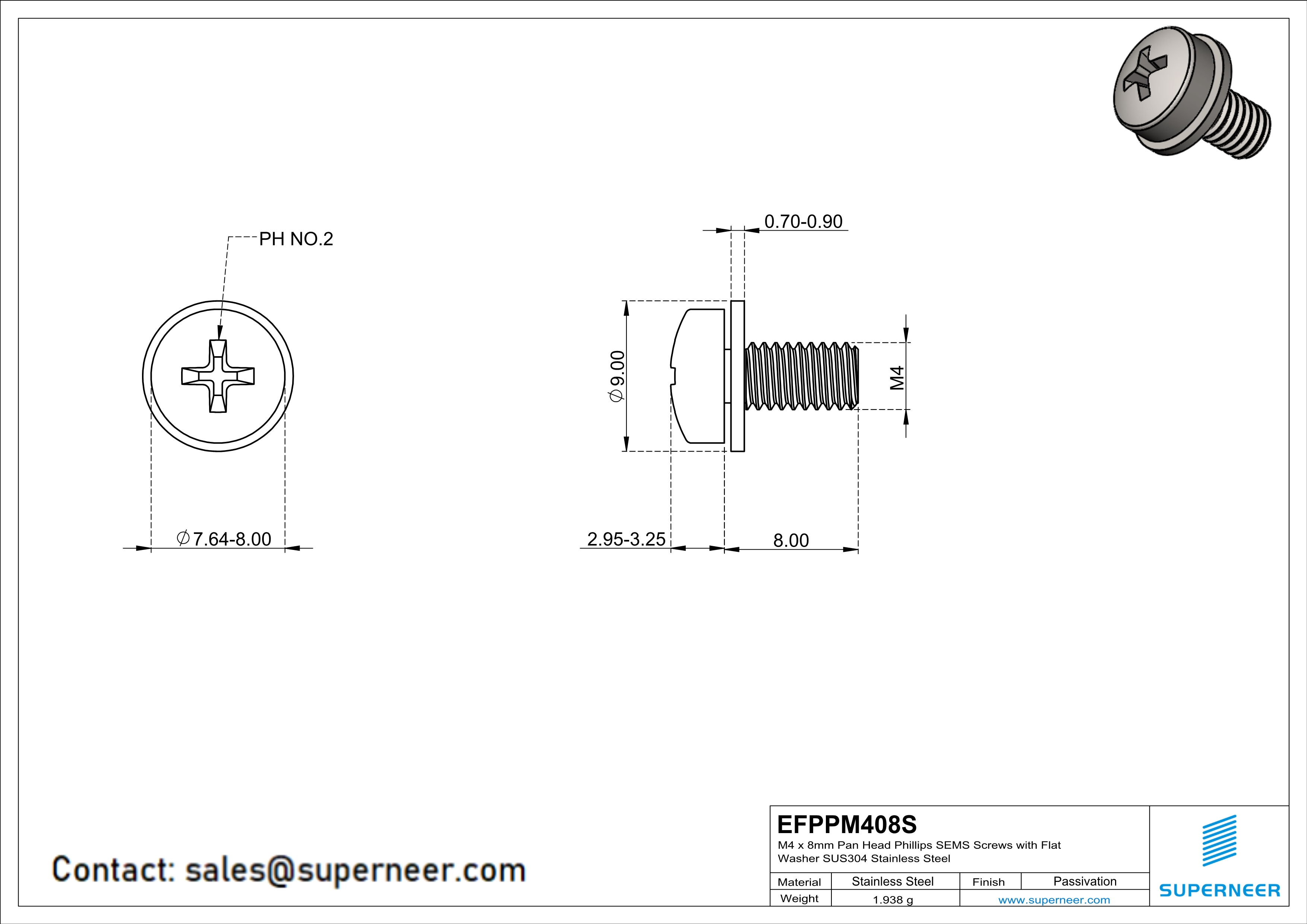 M4 x 8mm Pan Head Phillips SEMS Screws with Flat Washer SUS304 Stainless Steel Inox