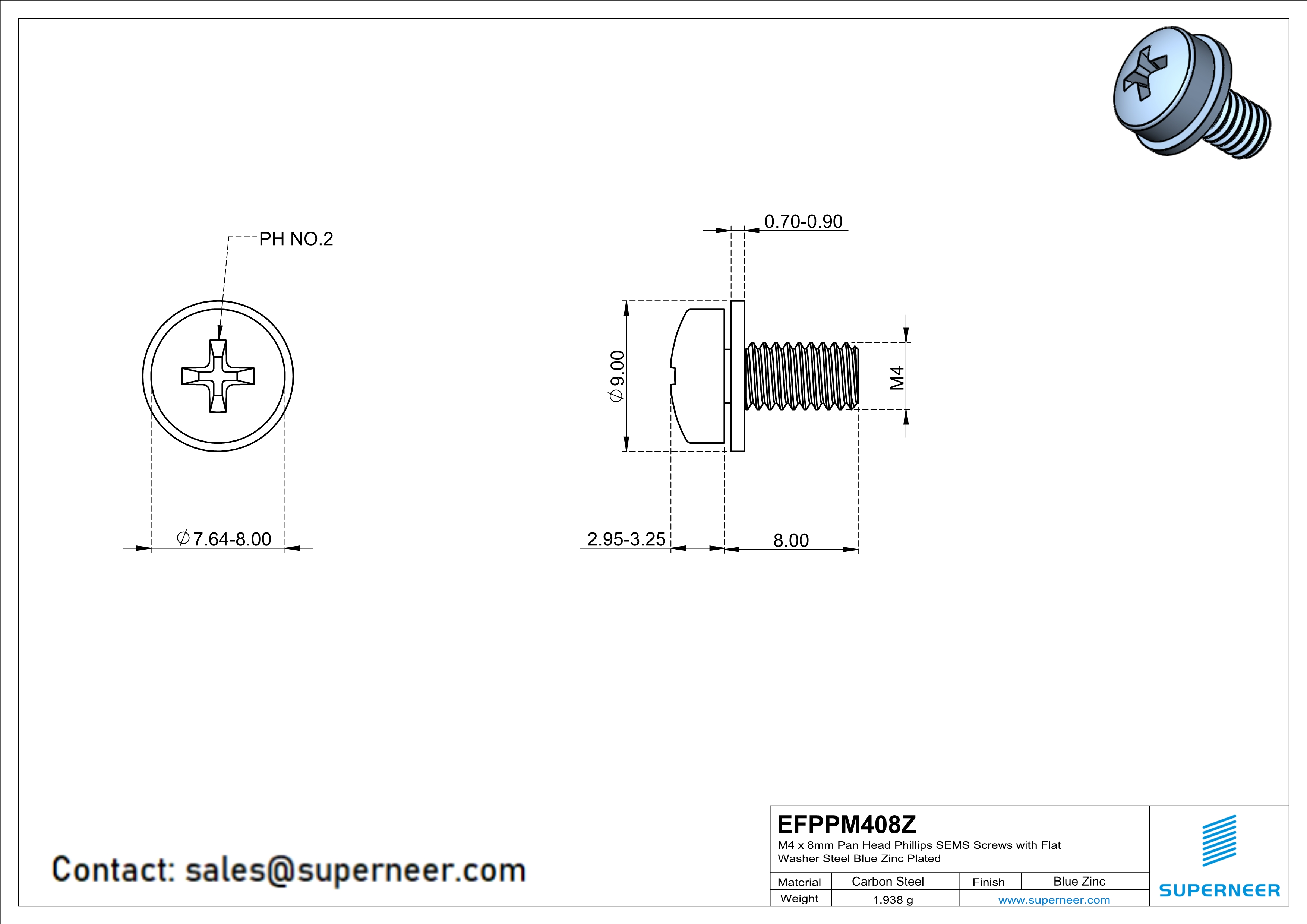 M4 x 8mm Pan Head Phillips SEMS Screws with Flat Washer Steel Blue Zinc Plated